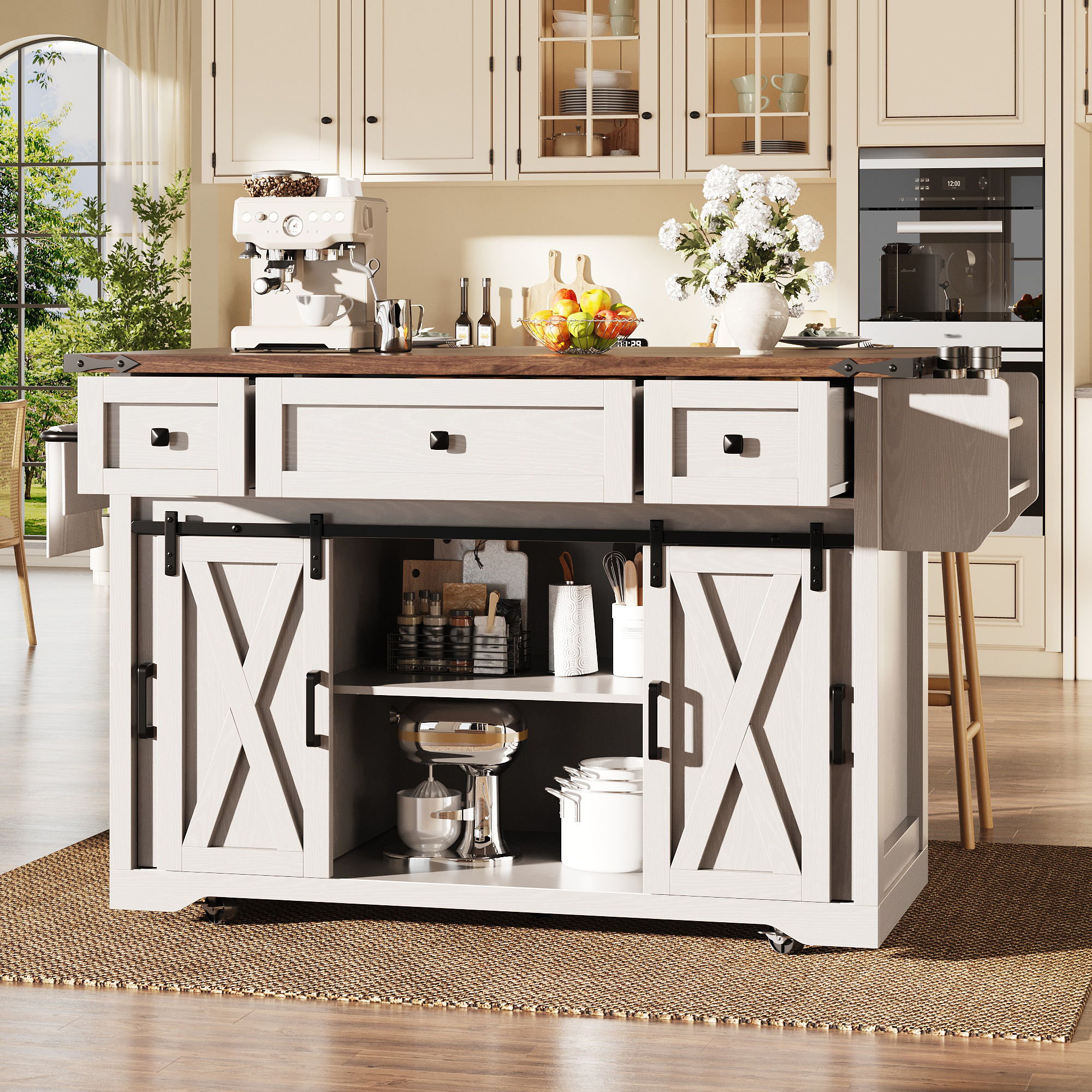 Chariot îlot de cuisine avec plan de travail extensible et prise électrique, hauteur de travail 91 cm, blanc/noir, capacité de charge jusqu'à 75 kg, desserte de cuisine, chariot de service
