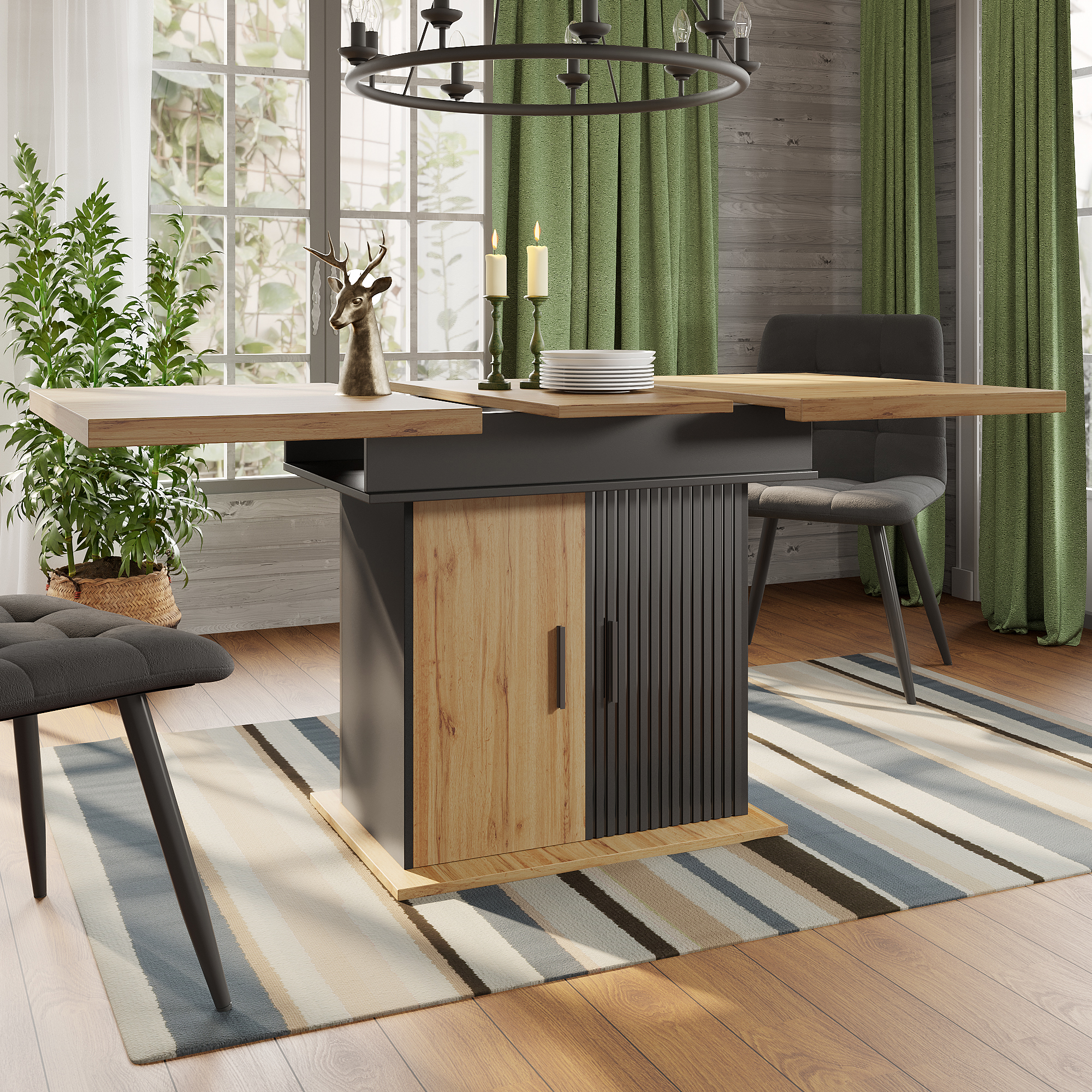 Table pliante étagères noir naturel vue 1