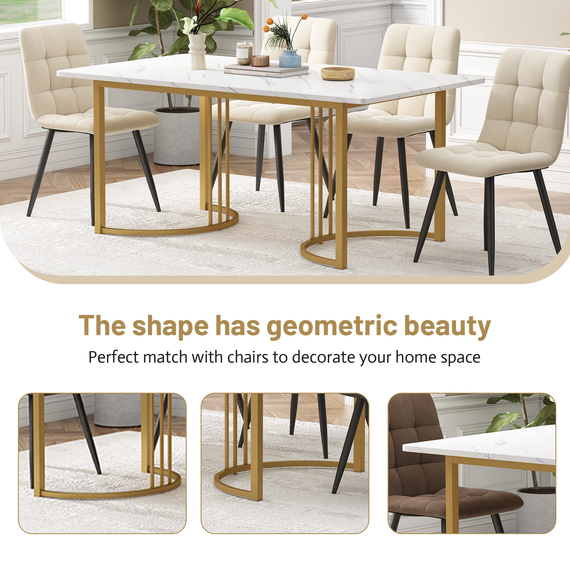 Ensemble table à manger 140×80 cm imitation marbre + chaises velours, pieds métal réglables, pour cuisine et salle à manger, design unique, utilisation multifonction, stabilité, style moderne, confort, durabilité, facile entretien - image 11