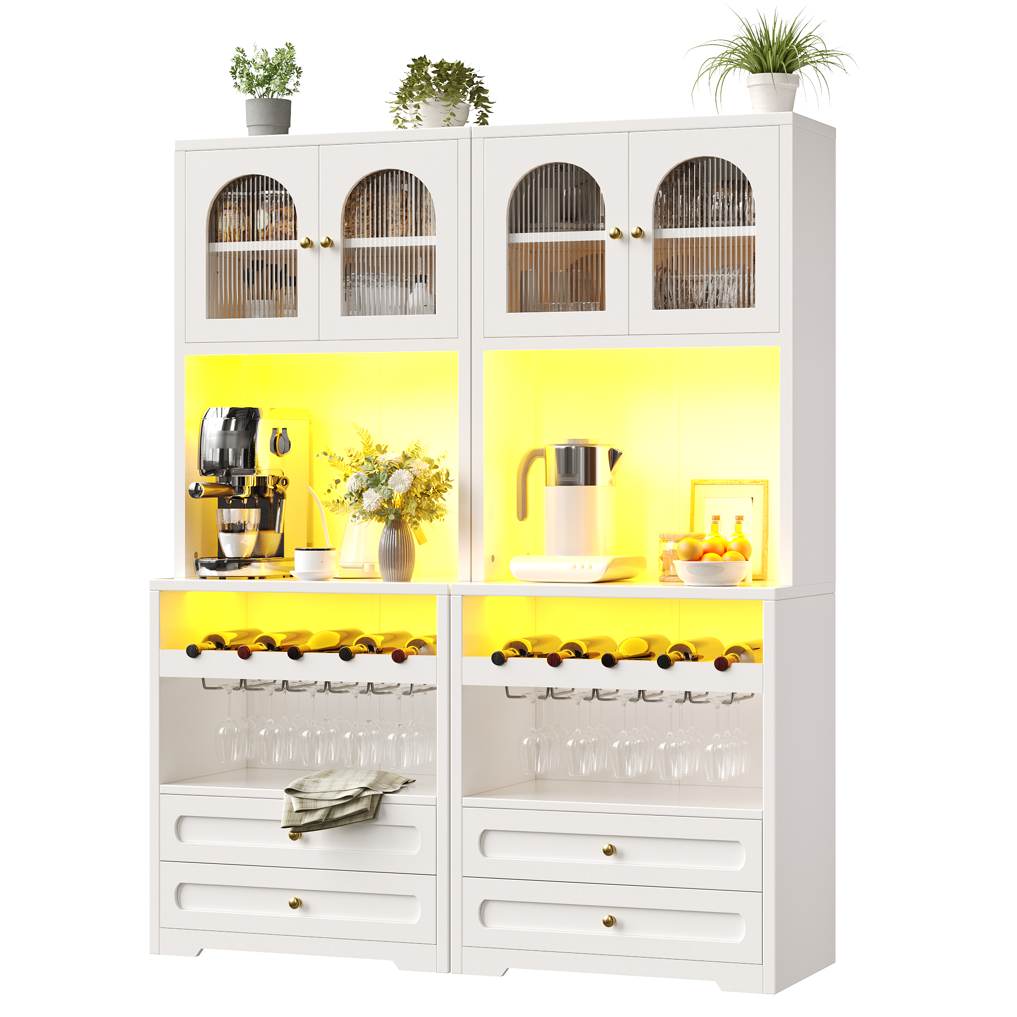 Meuble haut avec portes en verre courbées, éclairage LED via application & synchronisation musicale, étagères réglables, casier à vin, port USB, anti-basculement, pour salon & salle à manger Blanc