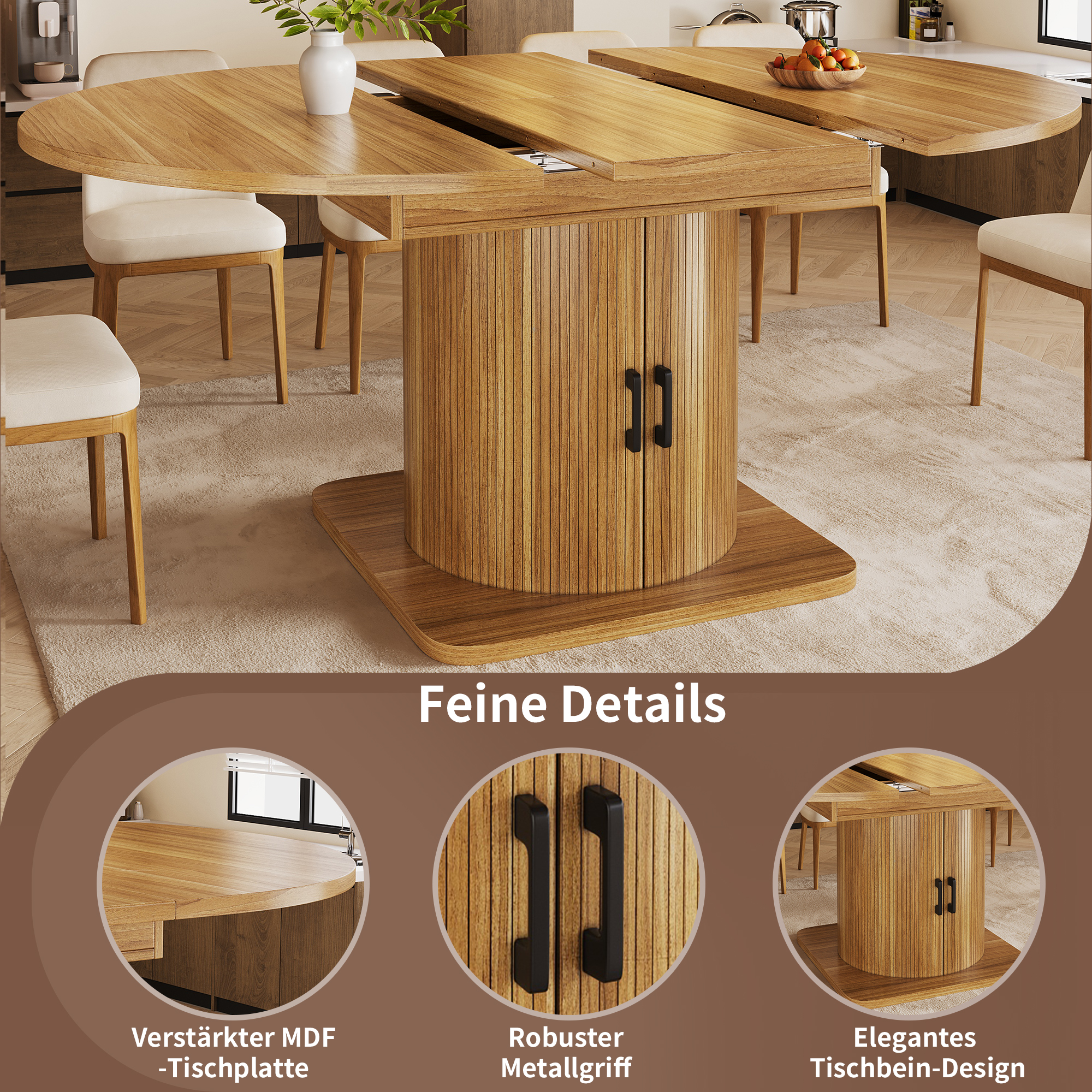 Table à manger extensible avec espace de rangement, table multifonctionnelle avec étagères amovibles, table de cuisine peu encombrante pour petites pièces et salles à manger, plateau en MDF, marron