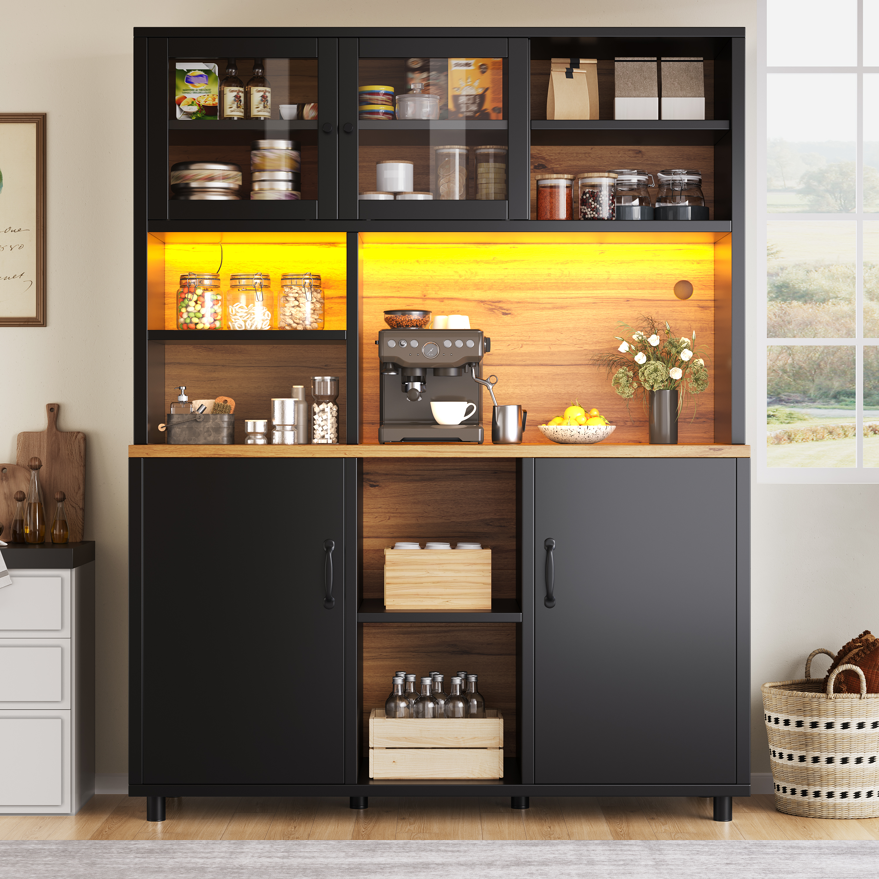 Meuble haut avec éclairage LED, contrôle par application, meuble de cuisine de 185 cm de haut avec portes coulissantes et étagères réglables, noir avec grain de bois, pour cuisine et salle à manger