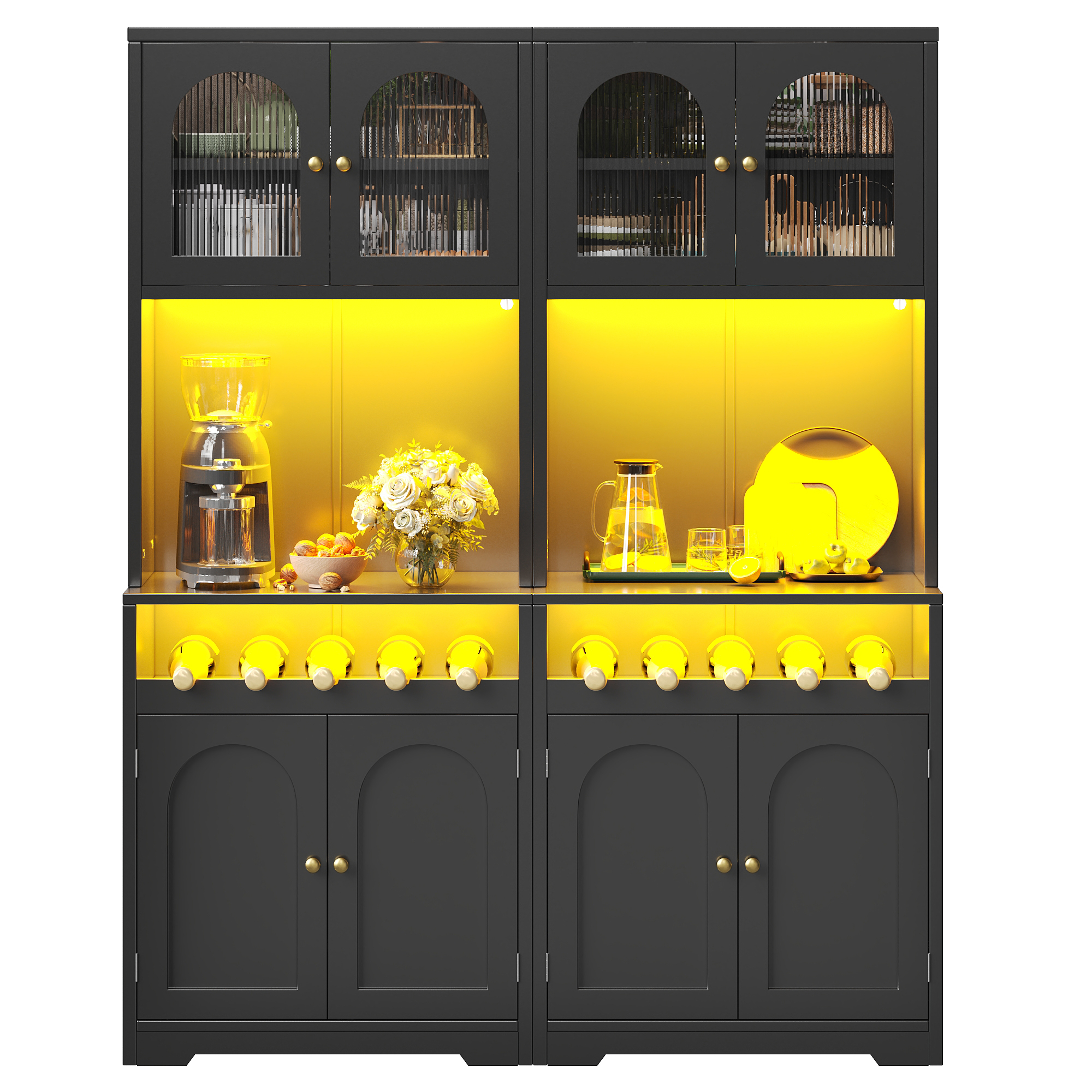 Ensemble composé de 2 buffets hauts noirs 180 cm, chacun avec App-RGB-LED, portes vitrées, casier à vin & anti-basculement, étagères réglables, buffet de cuisine, meuble de rangement