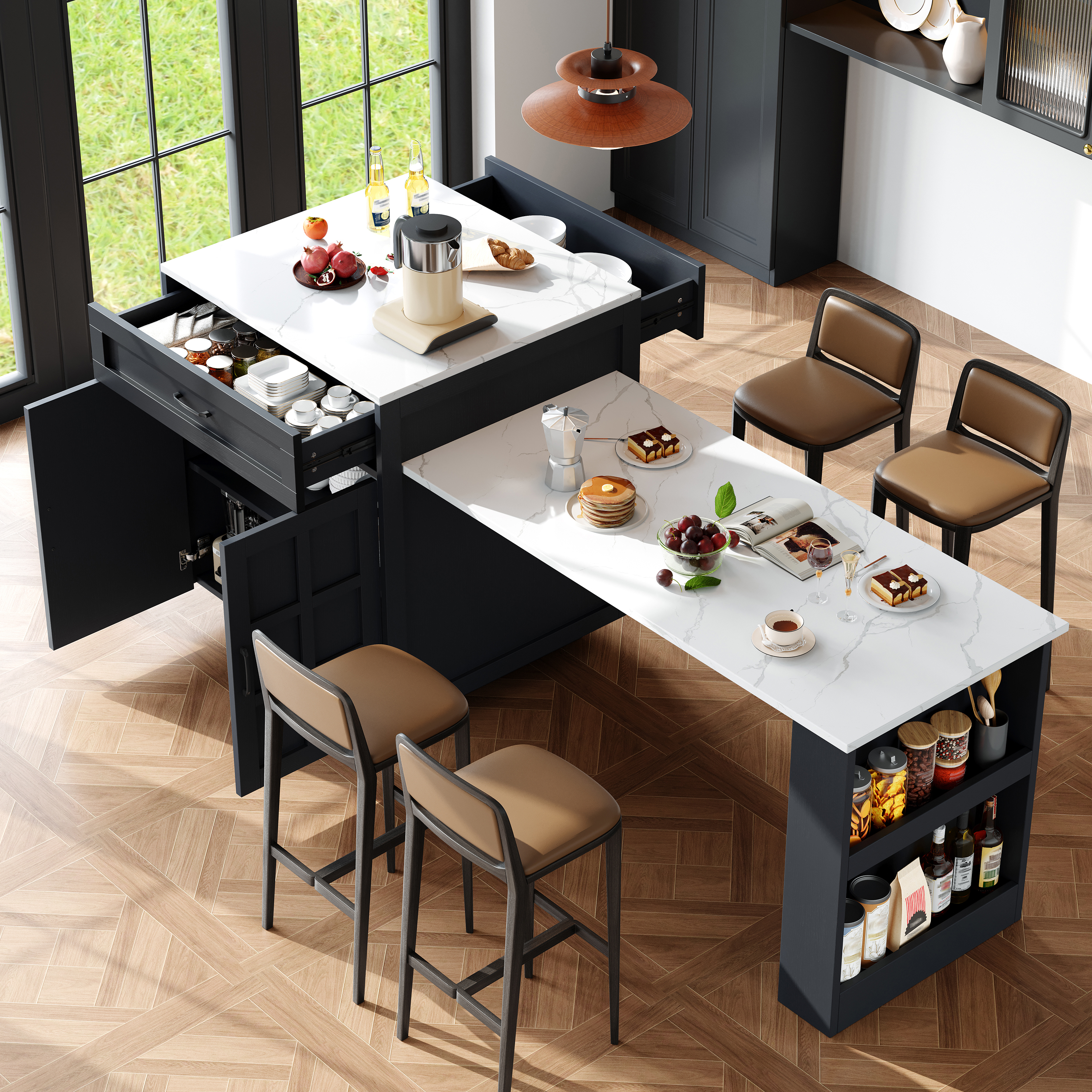 Ausziehbarer Bartisch mit Stauraum(133-202×70×93.5