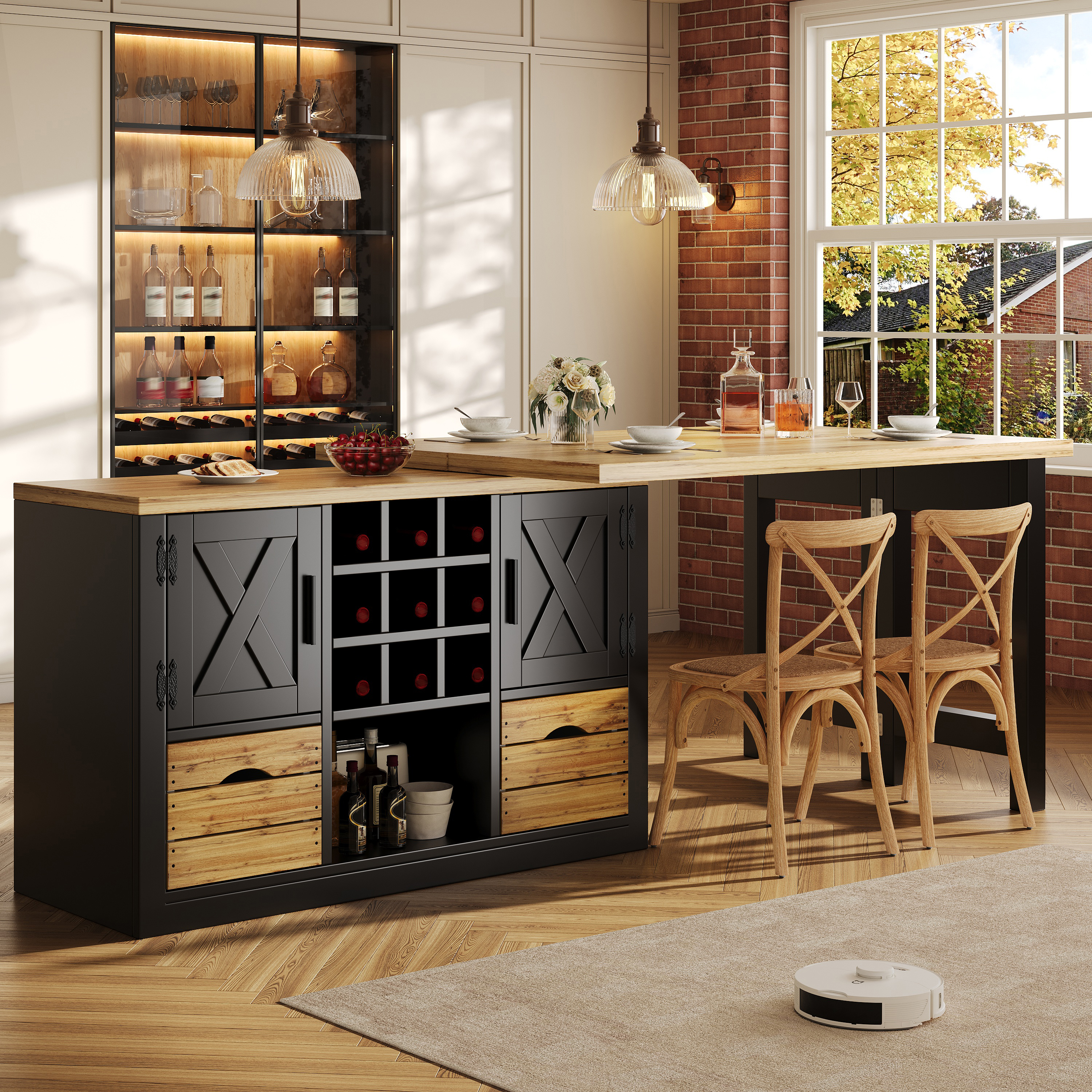 Table à manger extensible avec îlot de cuisine, table à manger multifonctionnelle avec buffet, plateau rotatif à 360°, table de cuisine extensible avec grand espace de rangement, élément mural
