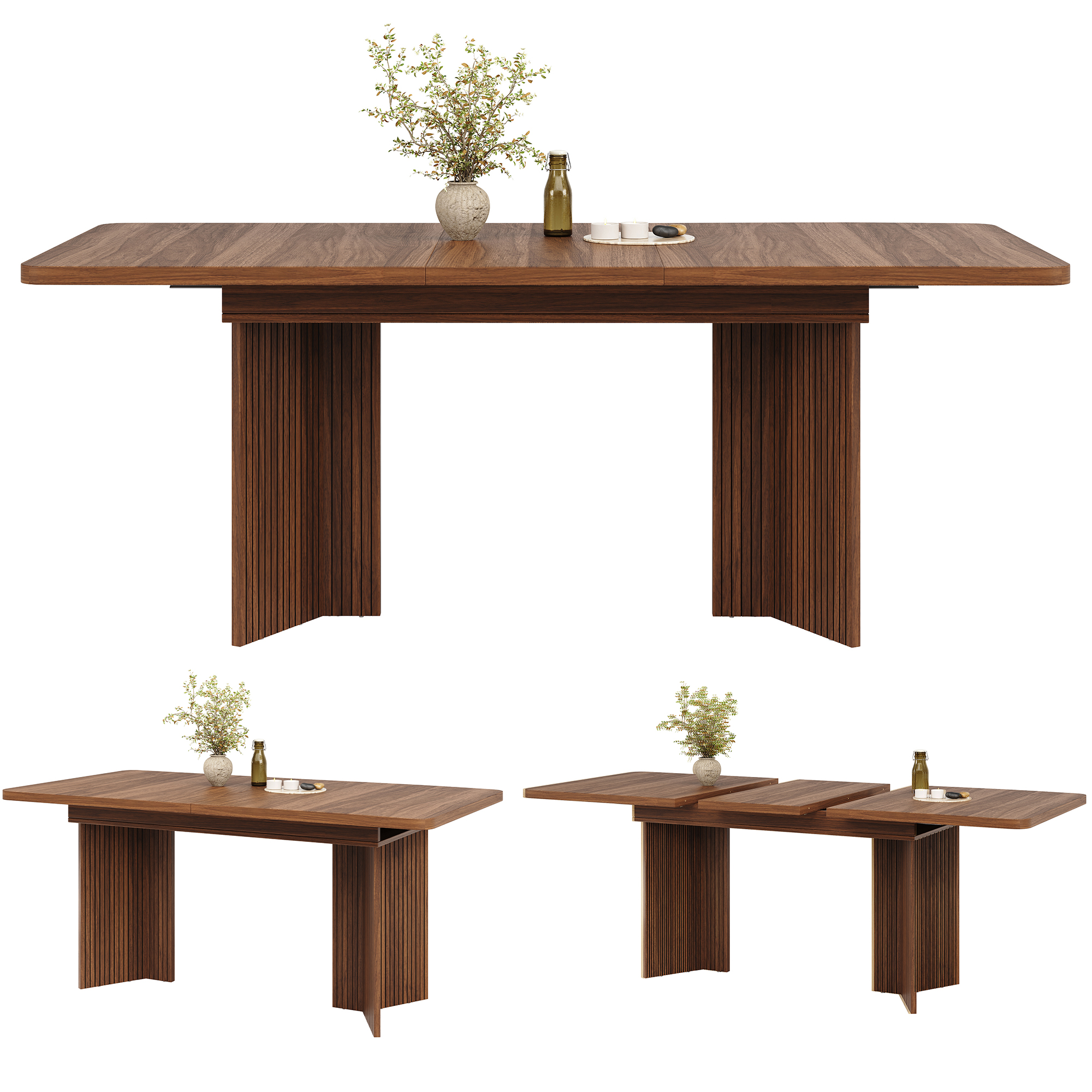 Table à manger extensible 120–160 cm x 80 x 76,1 cm, pieds en V rainurés, MDF, Marron - dimensions et détails