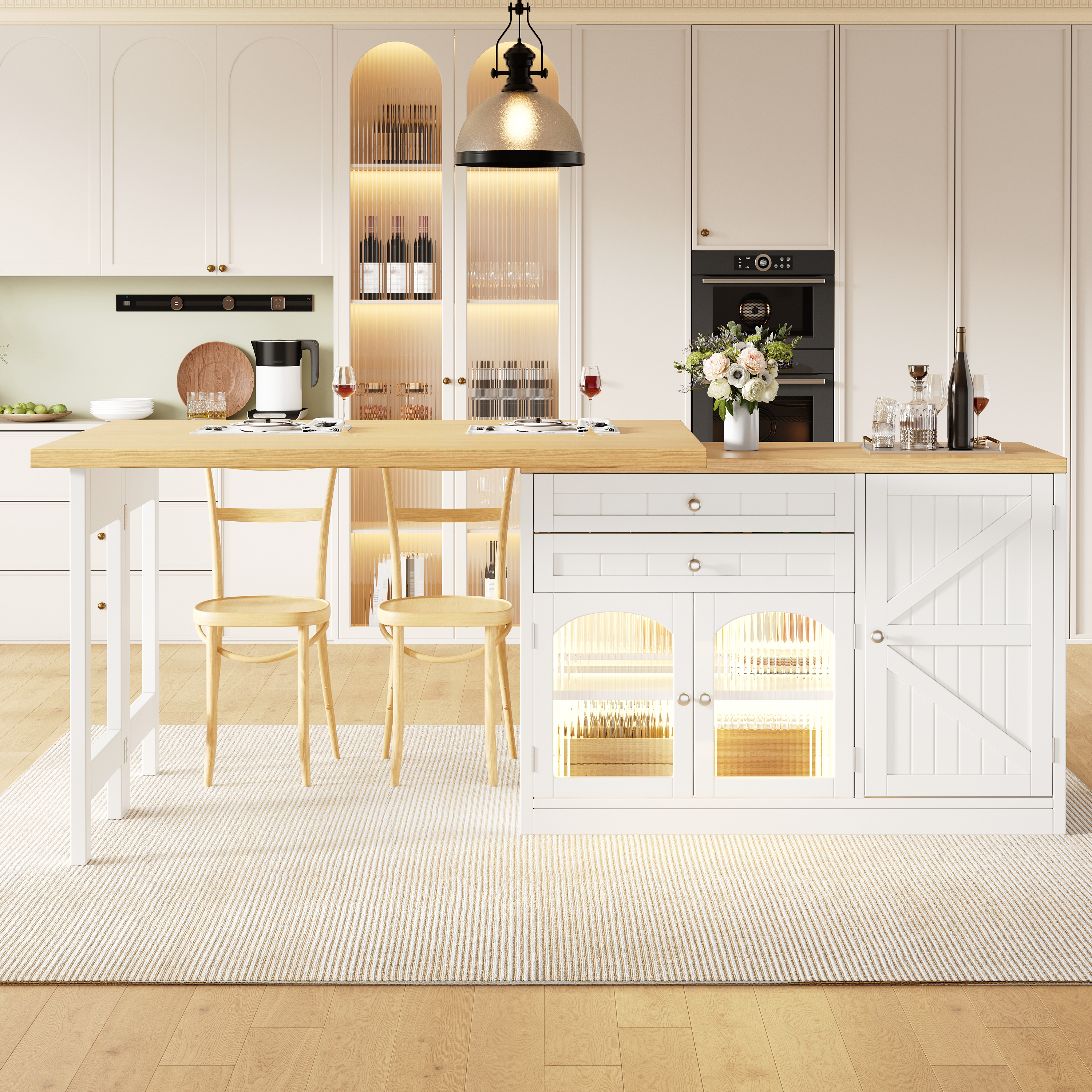 Table à manger extensible pour îlot de cuisine 120-194 cm, plateau rotatif à 360°, avec portes en verre, tiroirs et porte-collations, blanc/noir, îlot de cuisine, meuble de rangement