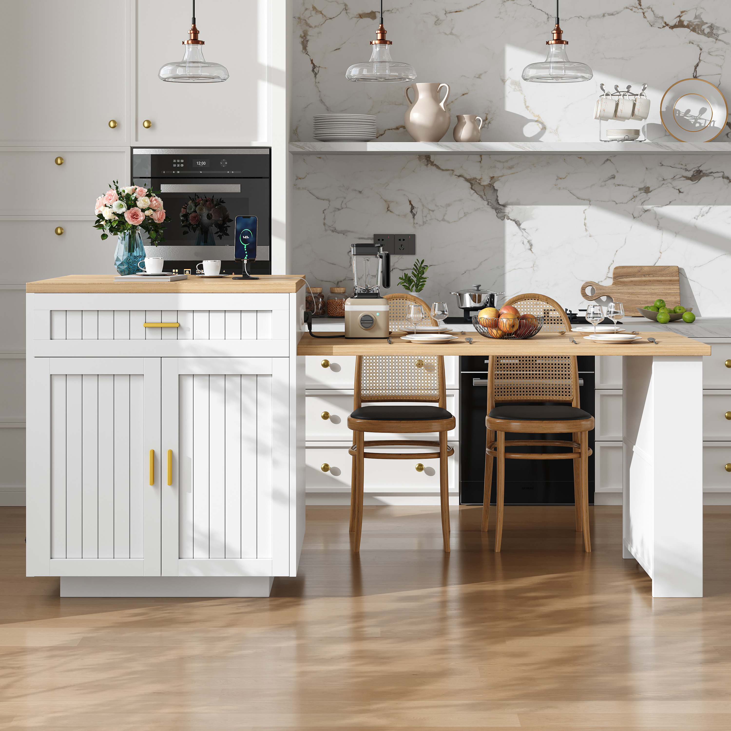 Îlot de cuisine extensible avec prise intégrée 121, 5–192 cm, portes verticales nervurées, 1 tiroir et étagères, blanc, îlot de cuisine, meuble de rangement, cuisine et salle à manger