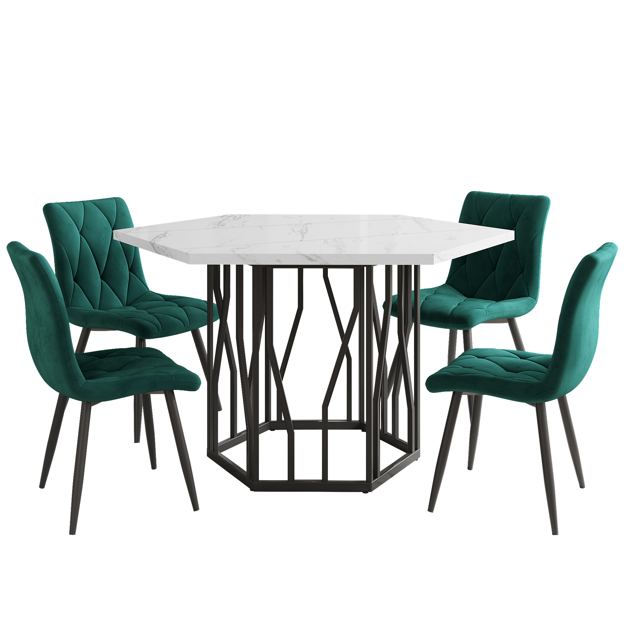 Ensemble table et chaises, 5 pièces, 1 table + 4 chaises, acier et velours, blanc - vue 4
