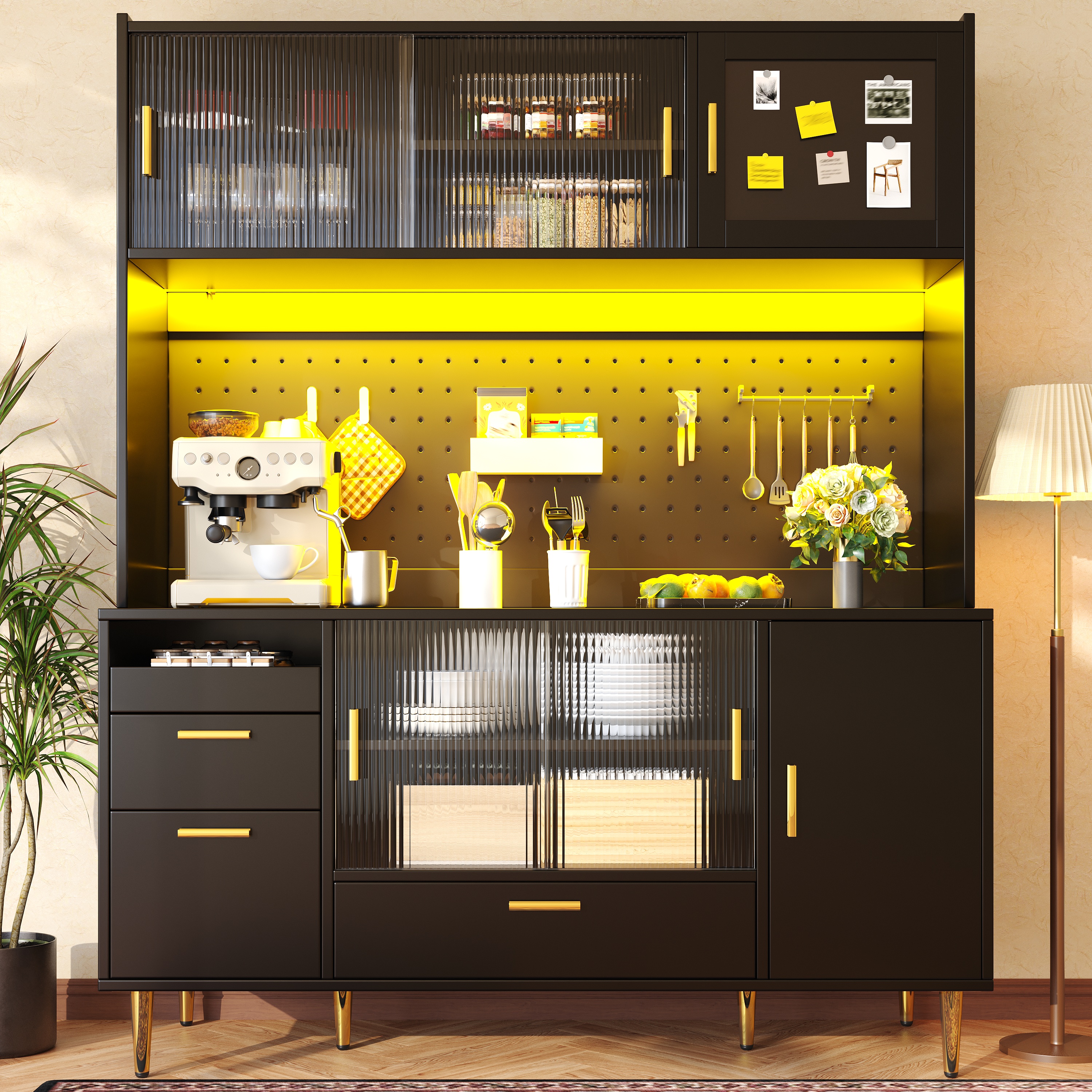 Buffet noir brillant avec éclairage LED et paroi perforée, meuble de cuisine de 180 cm de haut avec portes coulissantes en verre et porte magnétique, peut supporter jusqu'à 60 kg, buffet de cuisine