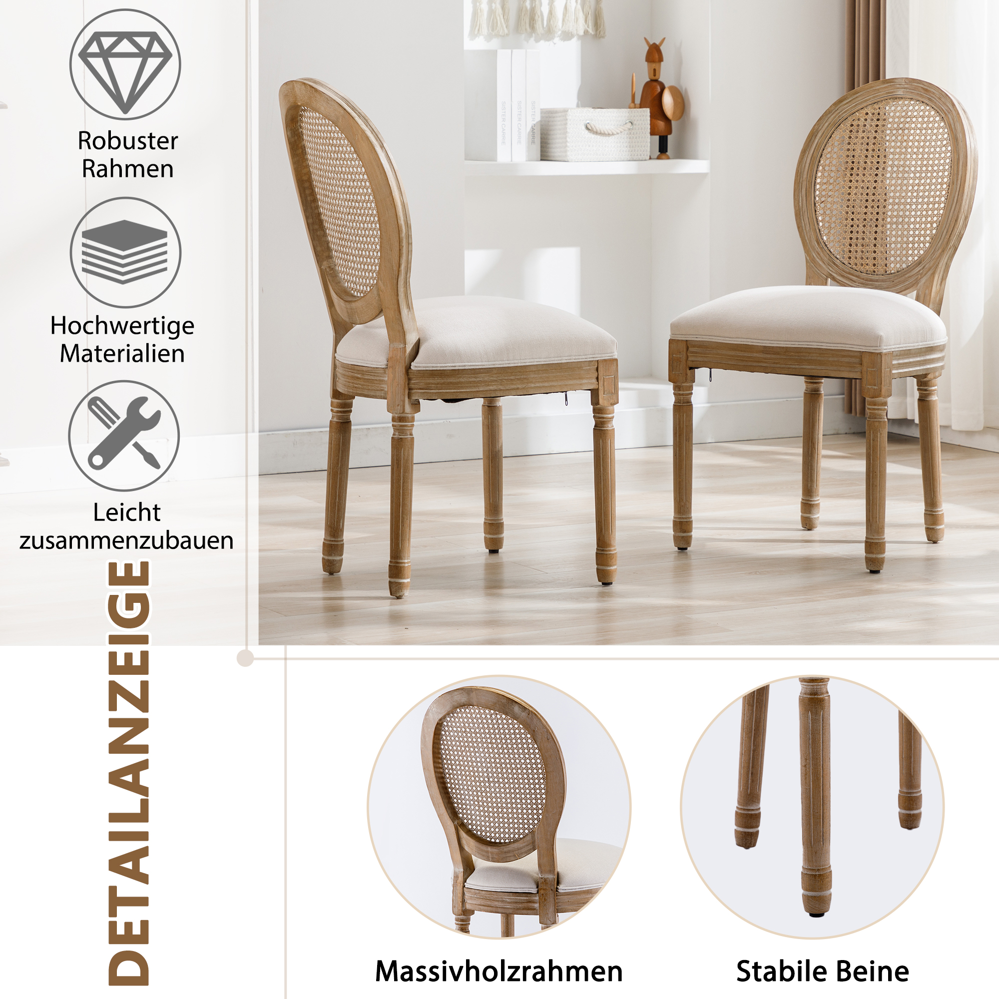 GrandCA HOME Set Di 4 Sedie Da Pranzo Vintage | Con Cuscini In Rattan E Gambe In Metallo Nero | Stile Nordico - 2