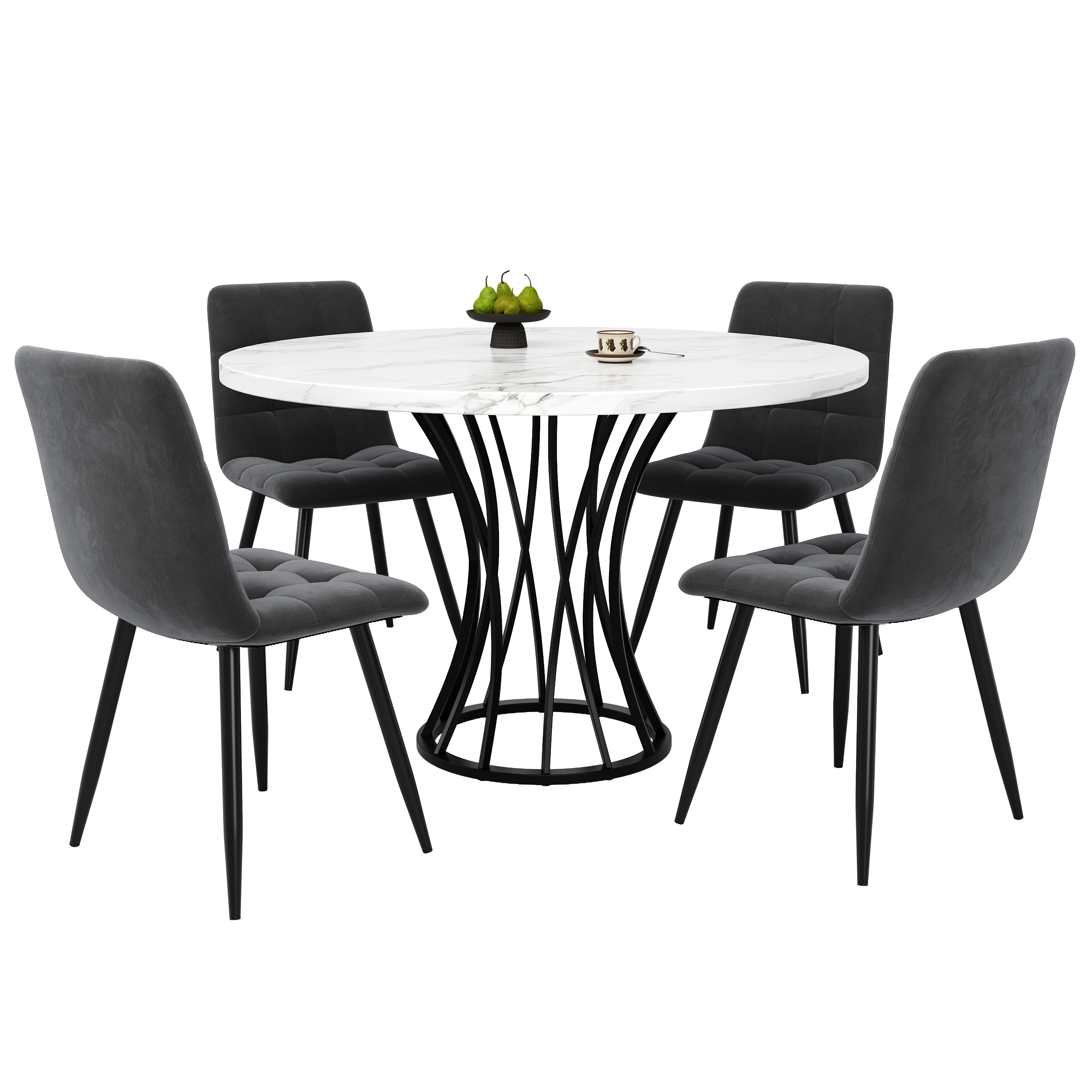 Ensemble table et chaises, 5 pièces, 1 table + 4 chaises, velours et métal, noir - vue 2