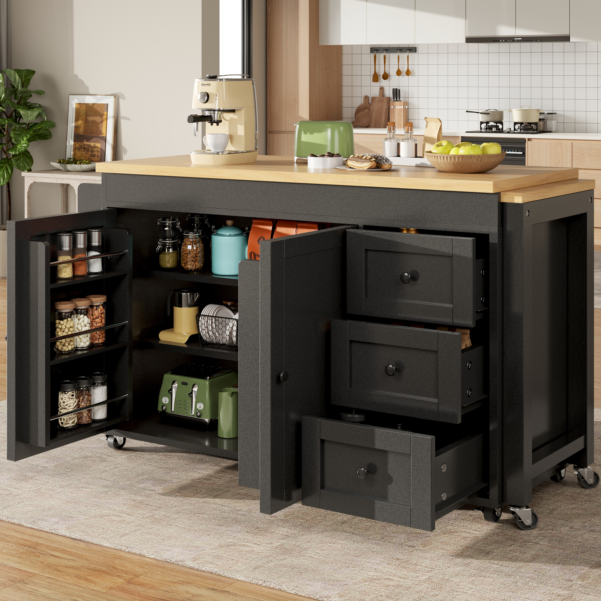 Îlot de cuisine extensible avec espace de rangement de 116 à 179, 5 cm, plateau extensible jusqu'à max. 69, 5 cm, avec 3 tiroirs, tablettes latérales et roulettes, blanc/noir, îlot de cuisine