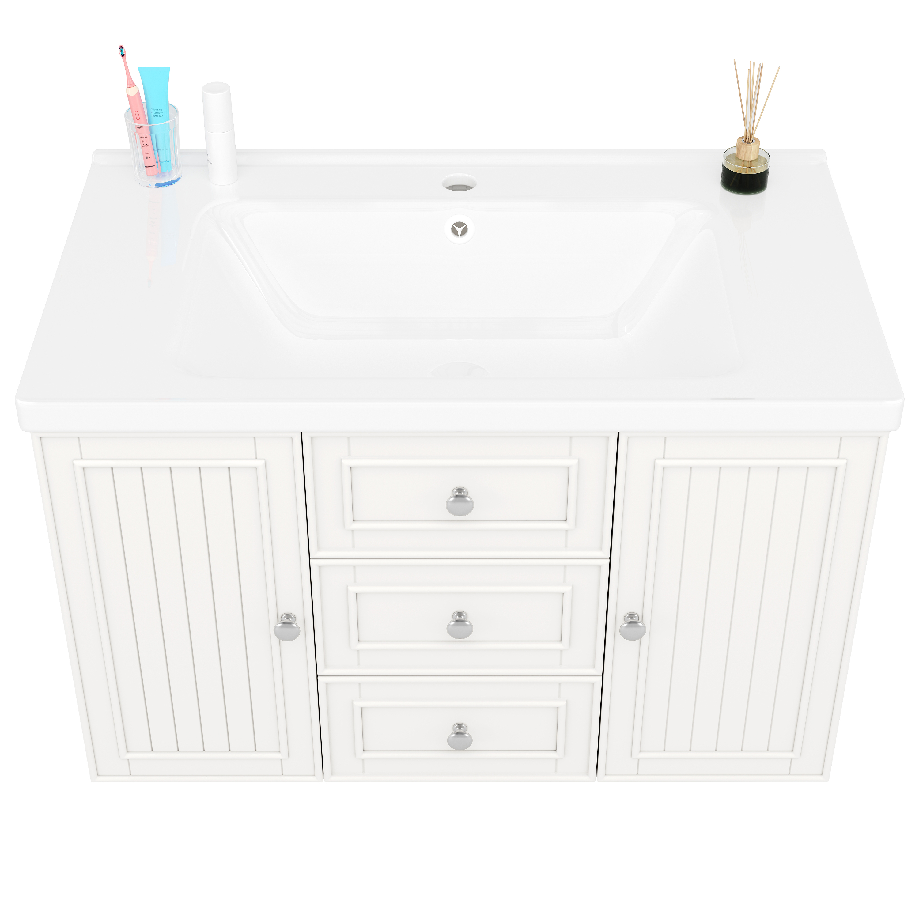 Meuble vasque de salle de bains, rangement intégré, avec tiroirs, 78,5 x 46 x 46,8 cm, céramique et métal, blanc - vue 6