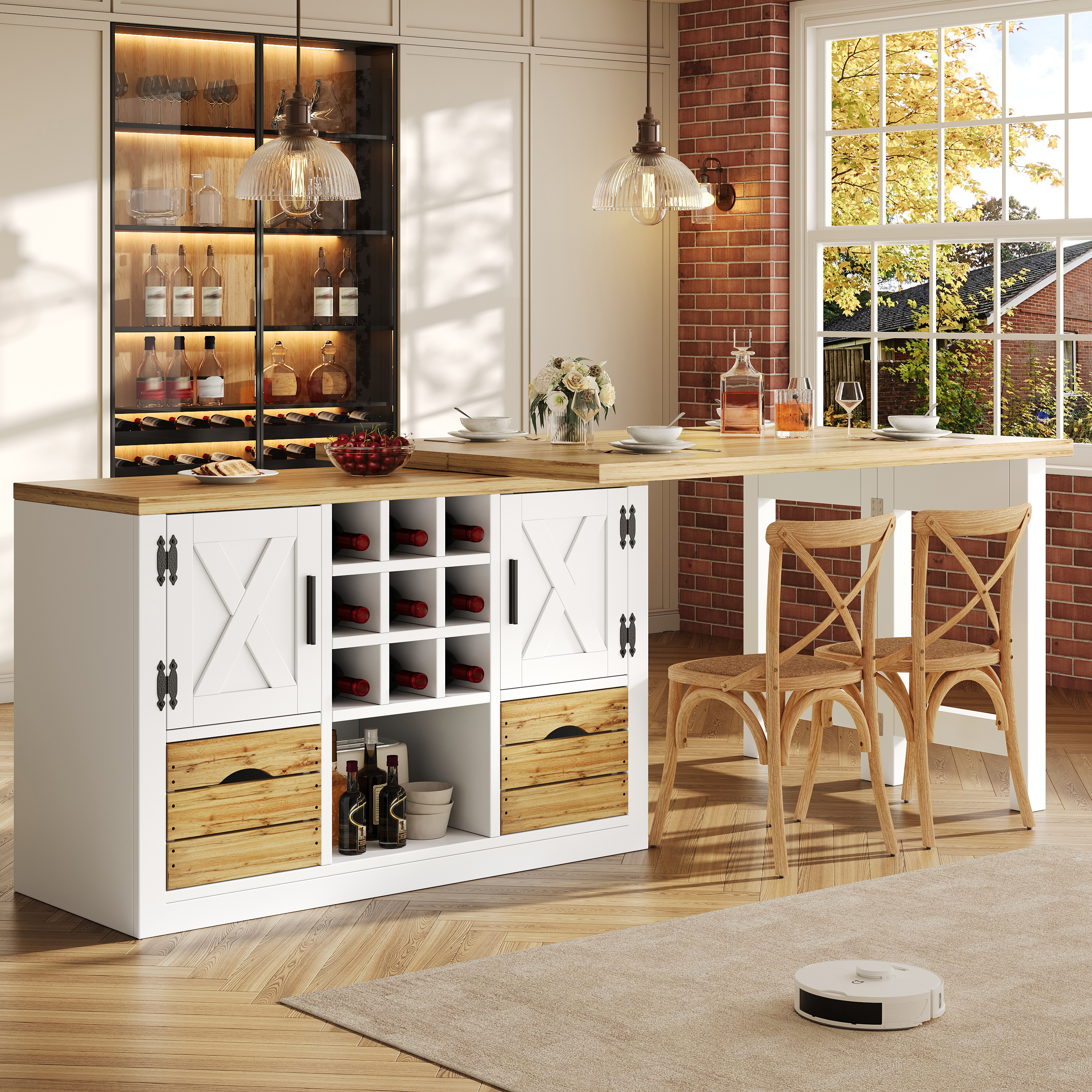 Table à manger extensible avec îlot de cuisine, table à manger multifonctionnelle avec buffet, plateau rotatif à 360°, table de cuisine extensible avec grand espace de rangement, élément mural
