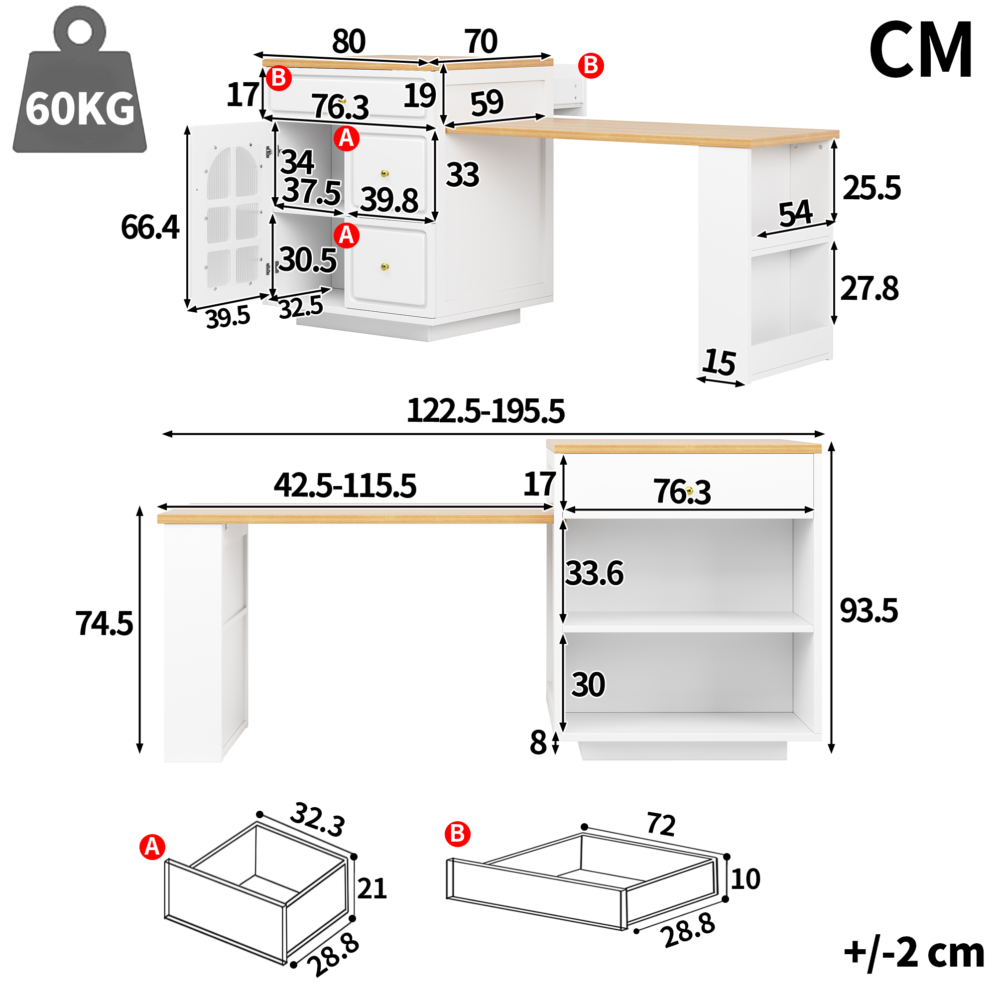 Îlot de cuisine extensible avec tiroirs et bande lumineuse LED RVB, longueur réglable de 122, 5 à 195, 5 cm, grain de bois avec vitrine en verre, îlot de comptoir polyvalent pour cuisine, salle
