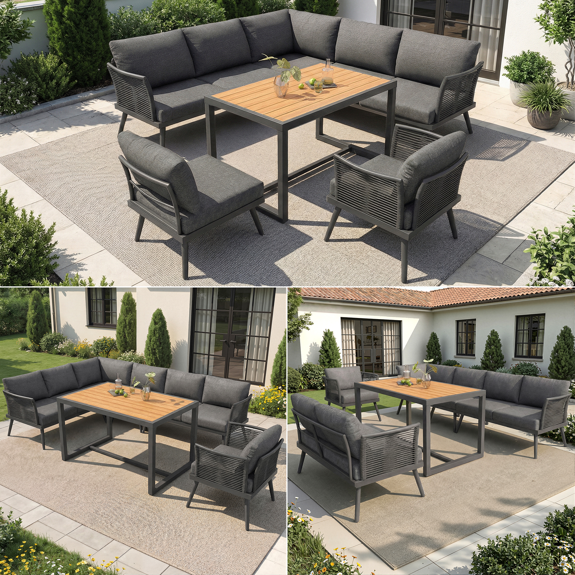Siebenpersonen L-förmiges Gartensofa-Set mit geflo