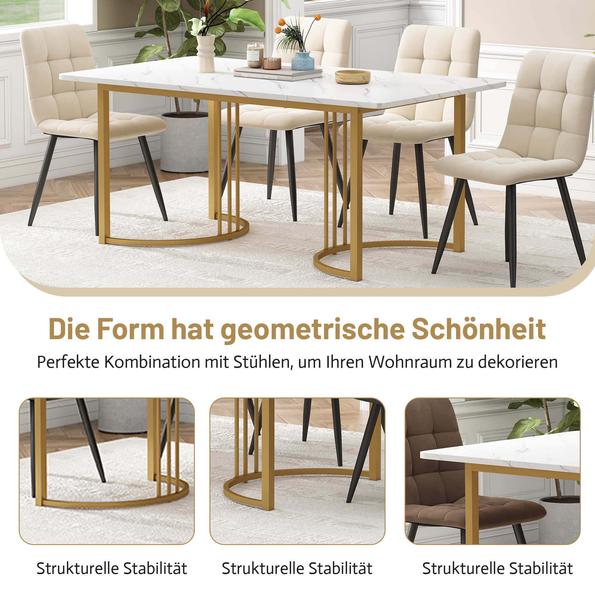 Ensemble table à manger 140×80 cm imitation marbre + chaises velours, pieds métal réglables, pour cuisine et salle à manger, design unique, utilisation multifonction, stabilité, style moderne, confort, durabilité, facile entretien - image 12