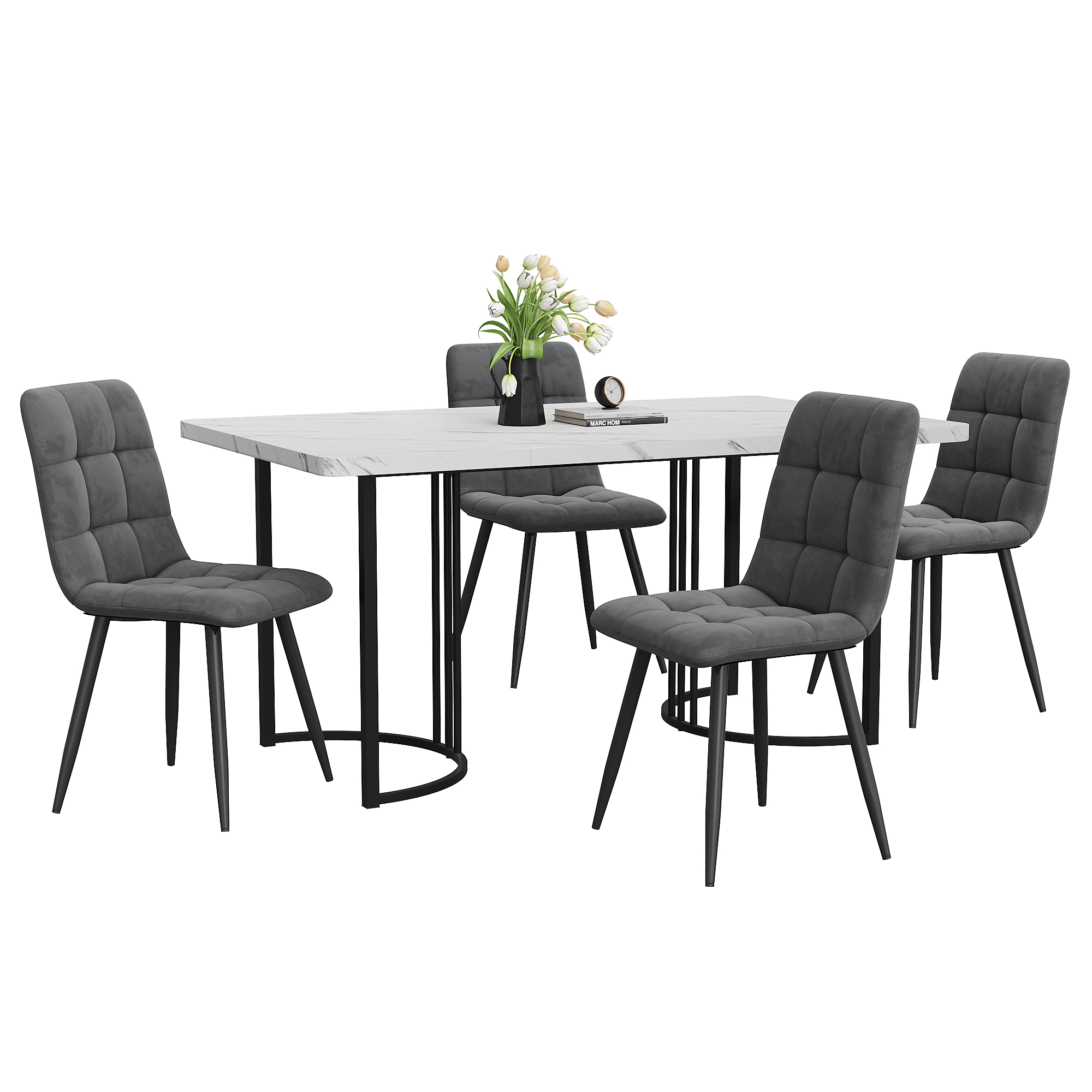 Ensemble table et chaises, 5 pièces, 1 table + 4 chaises, métal et velours, gris foncé - vue 4