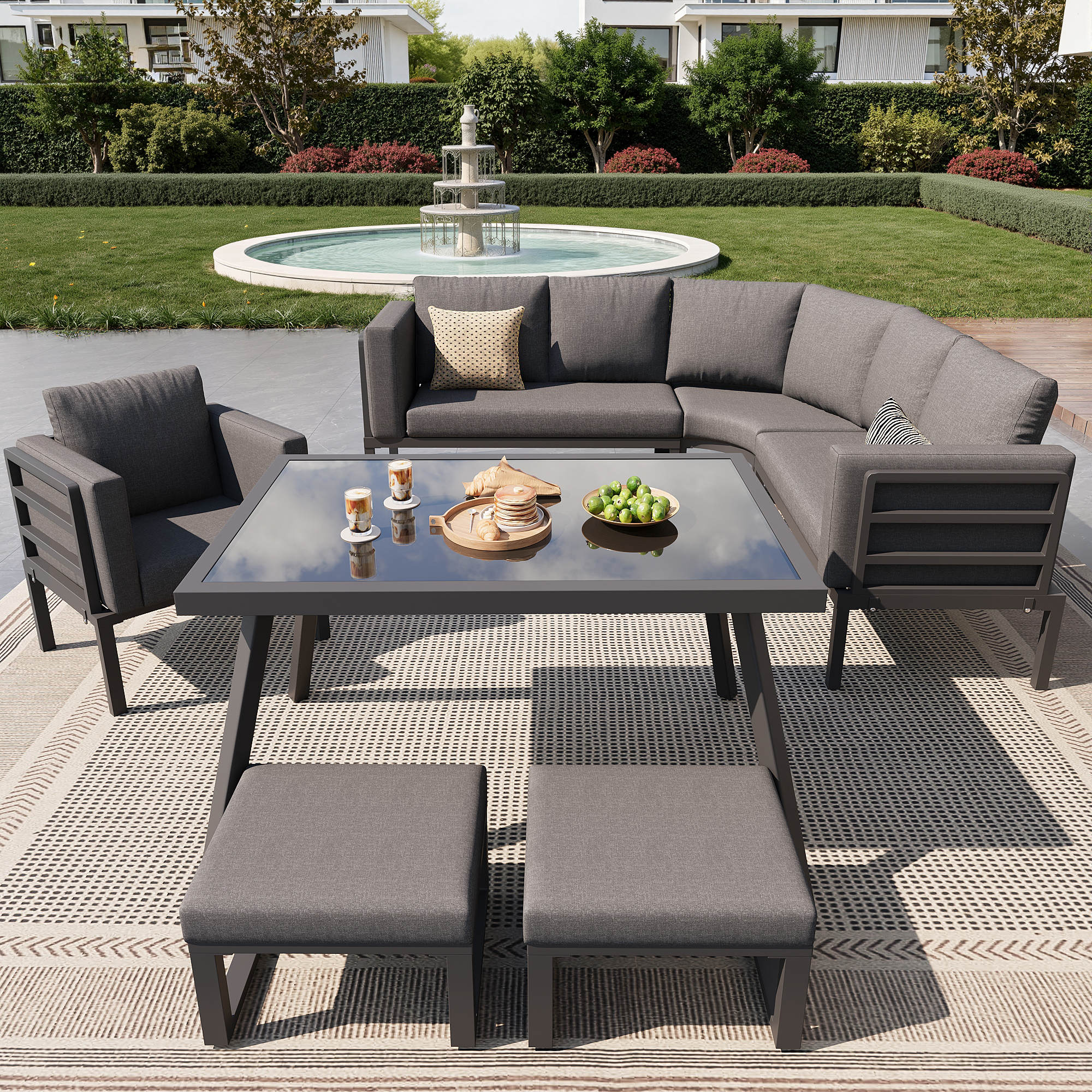 Salon de jardin forme croissant gris 8 places