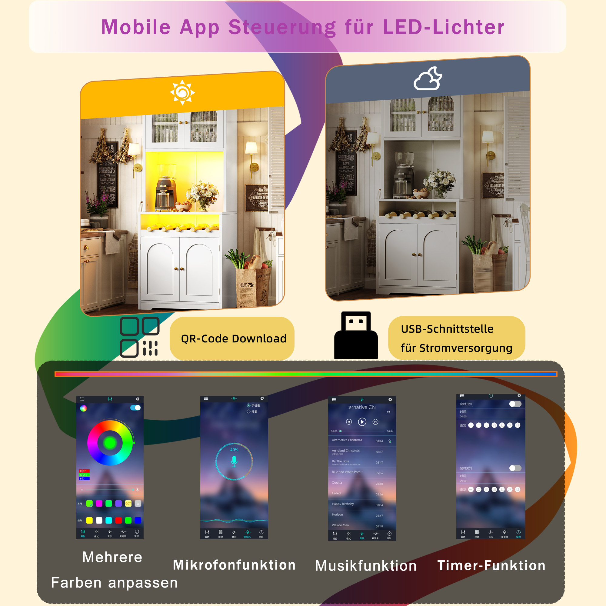 Hochbuffetschrank 180cm Weiß mit App-RGB-LED, gewö