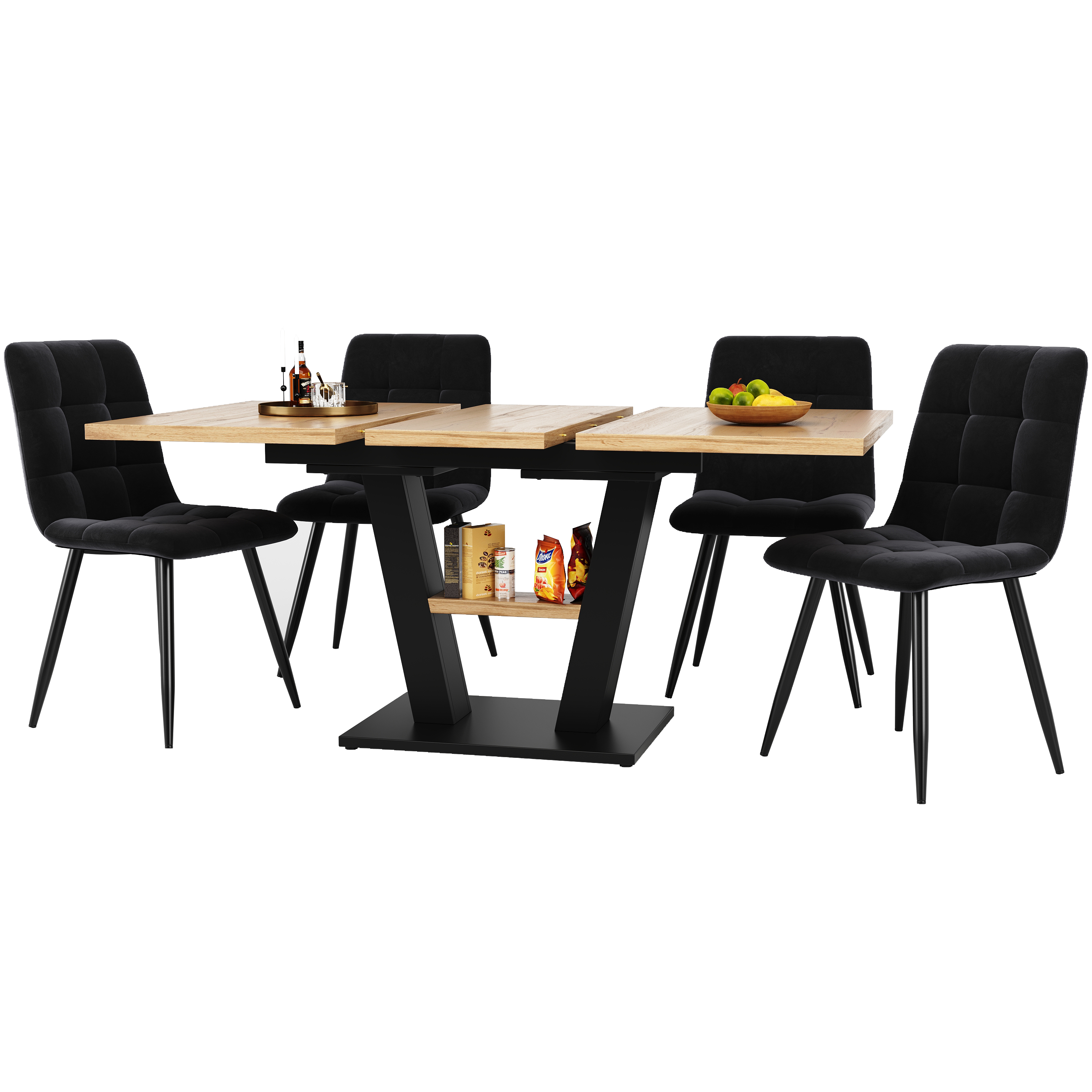 Ensemble table et chaises, 5 pièces, 1 table + 4 chaises, extensible, velours et MDF, bois naturel - vue 3