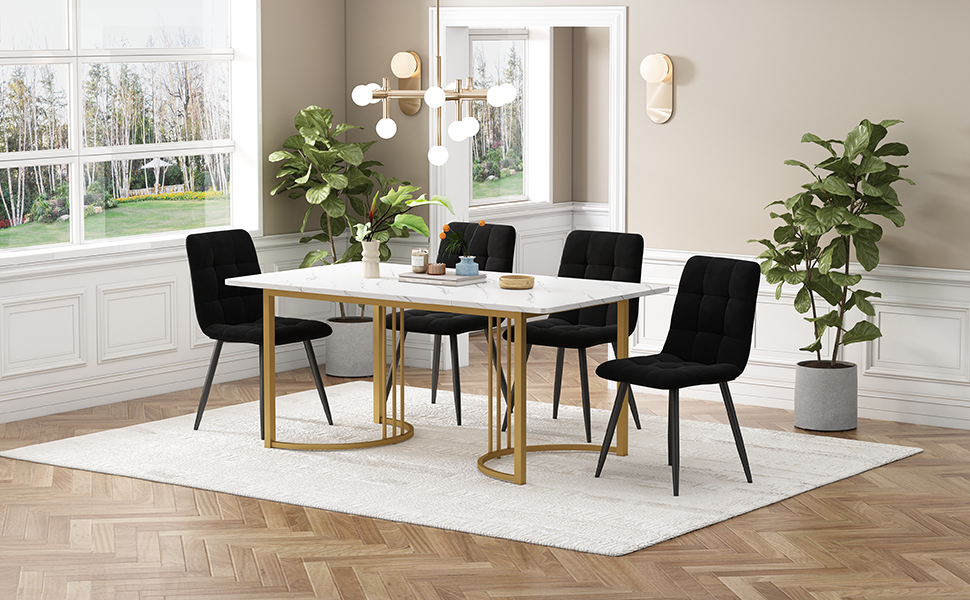 Ensemble table à manger 140×80 cm imitation marbre + chaises velours, pieds métal réglables, pour cuisine et salle à manger, design unique, utilisation multifonction, stabilité, style moderne, confort, durabilité, facile entretien - image 2