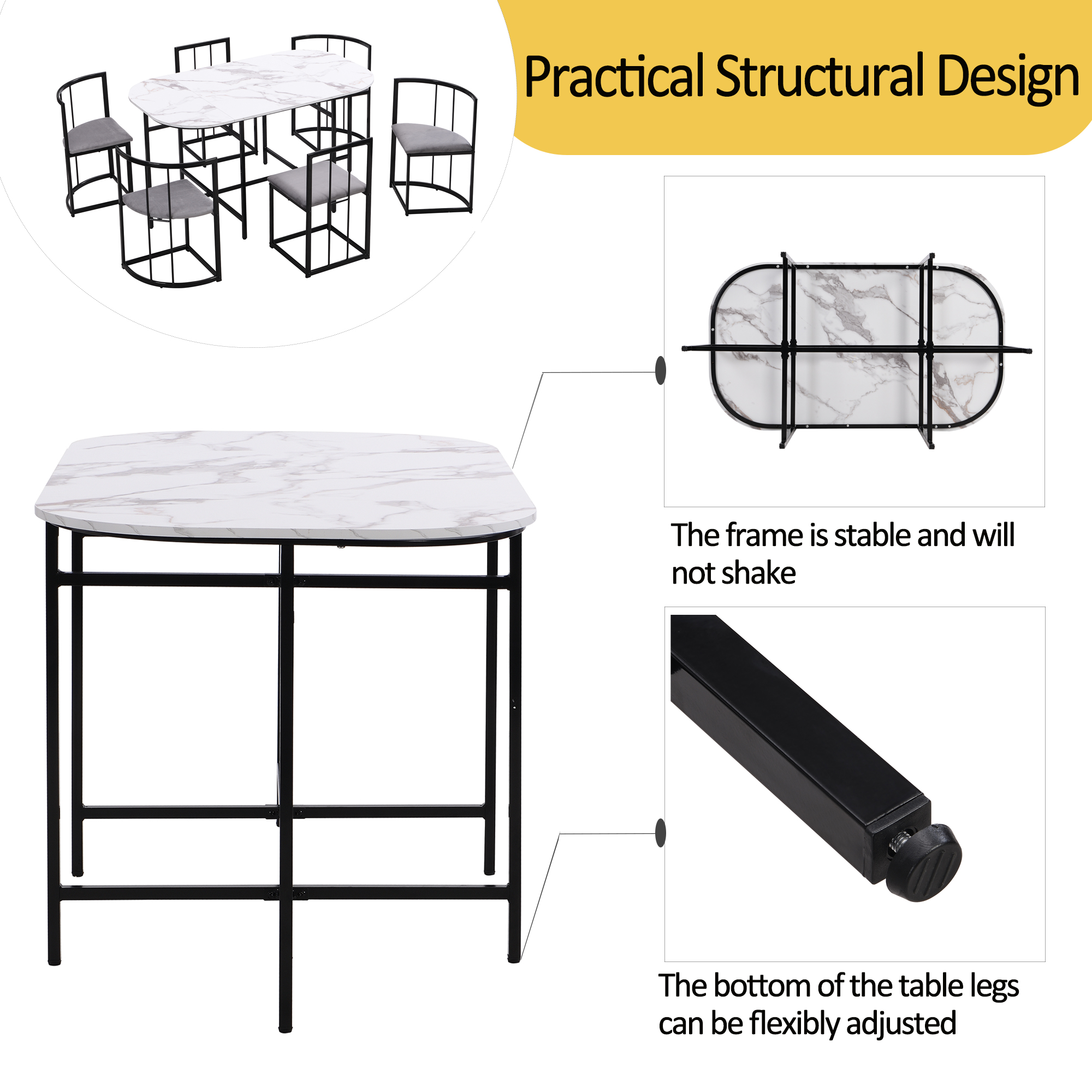 Ensemble table à manger + 6 chaises en MDF, chaises velours gris, cadre fer noir, pour salle à manger, design moderne, confort supérieur, beaucoup de places, style élégant, stabilité, décoration - image 13