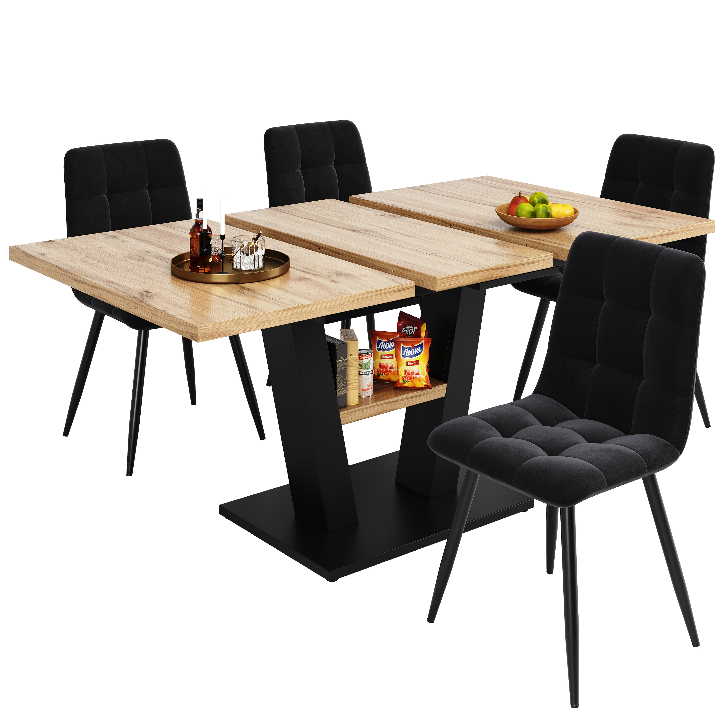 Ensemble table et chaises, 5 pièces, 1 table + 4 chaises, extensible, velours et MDF, bois naturel - vue 1