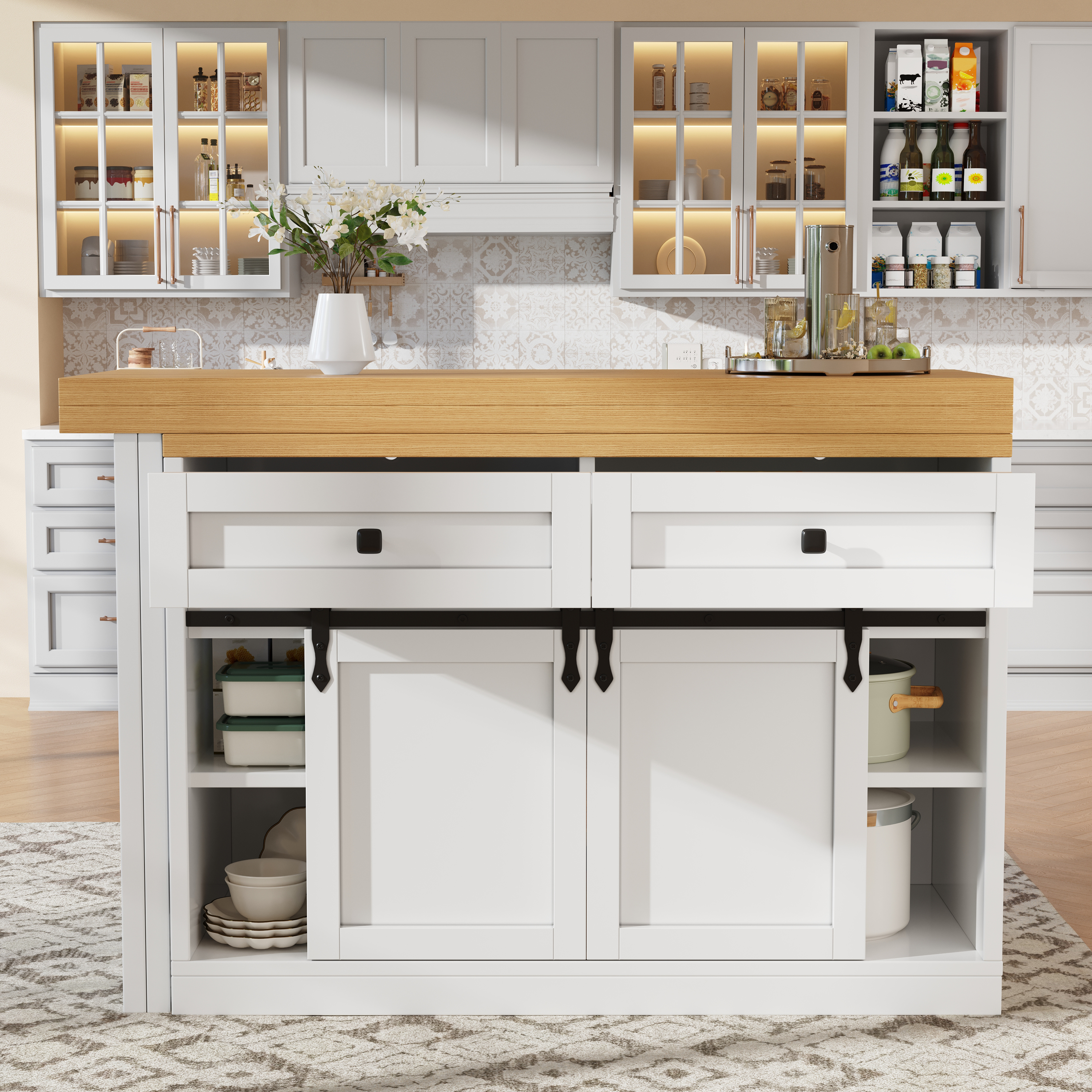 Îlot de cuisine rotatif à 360° avec portes coulissantes au design grange 120-197 cm, 2 tiroirs et étagères réglables, blanc, îlot de cuisine, meuble de rangement, cuisine et salle à manger