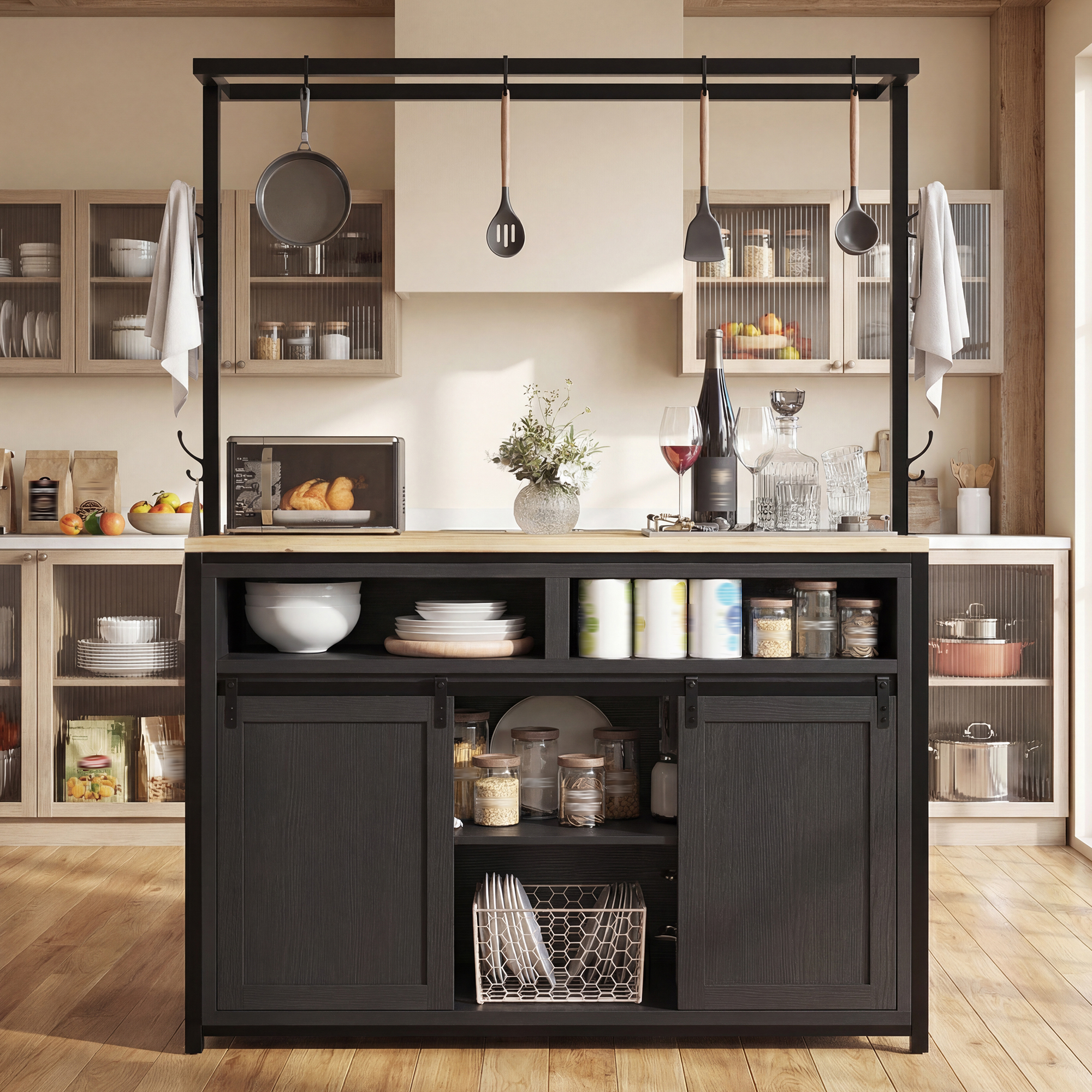 Ensemble d'îlot de cuisine avec 2 tabourets, armoire de cuisine avec prise électrique et tabourets de bar assortis, aspect bois/noir, pour cuisine et salle à manger, îlot de cuisine