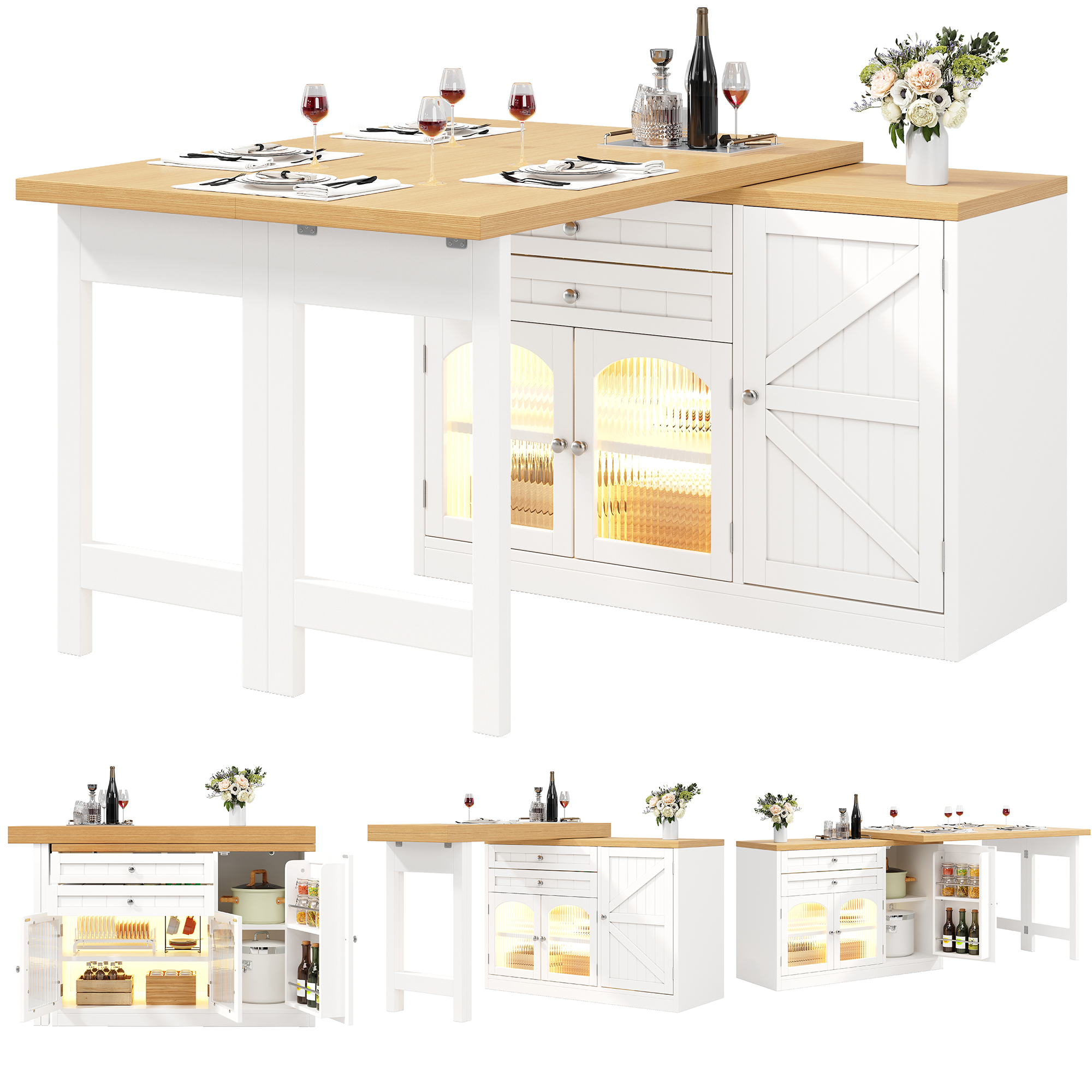 Table à manger extensible pour îlot de cuisine 120-194 cm, plateau rotatif à 360°, avec portes en verre, tiroirs et porte-collations, blanc/noir, îlot de cuisine, meuble de rangement