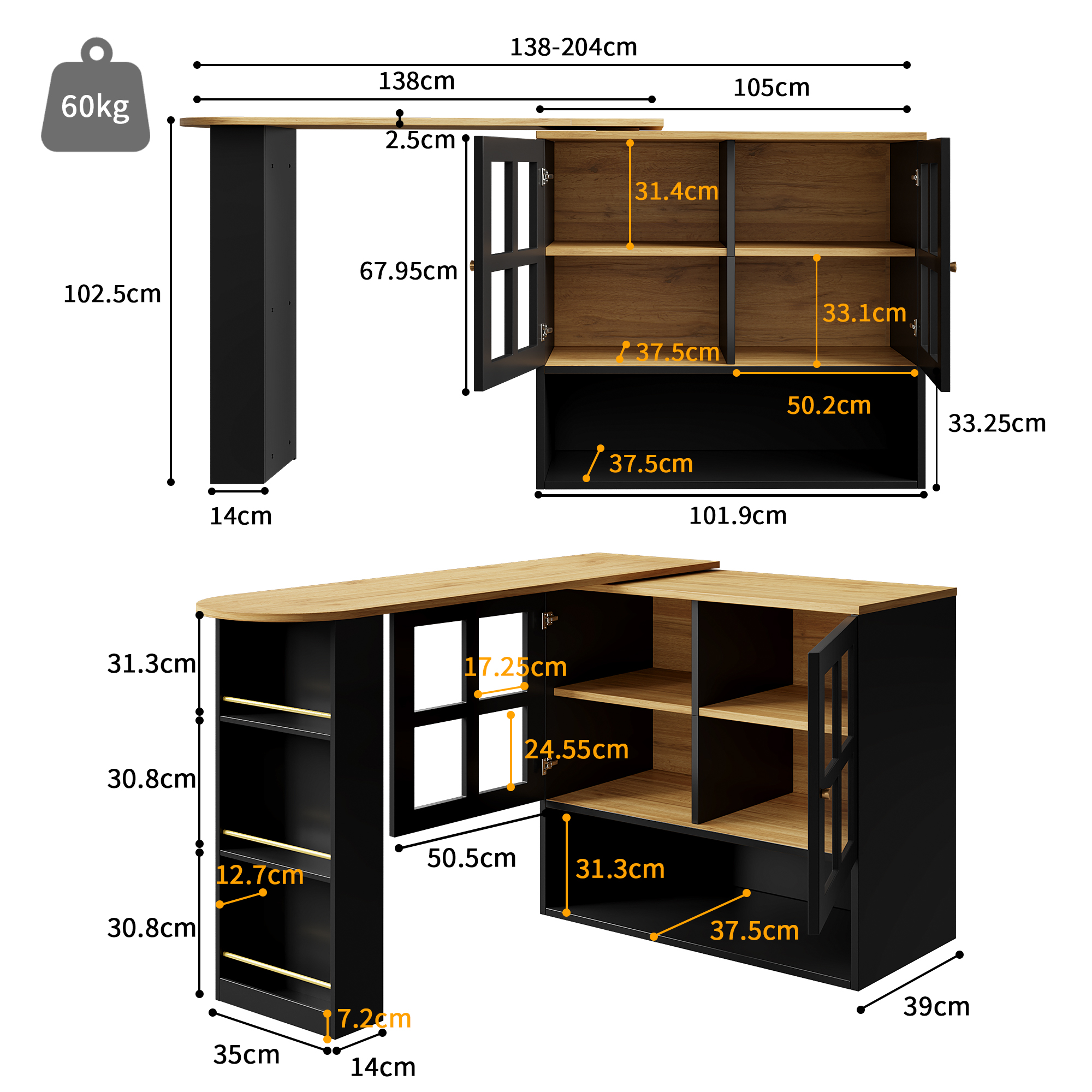 Buffet haut 138 cm extensible à 204 cm, portes verre trempé, poignées métal, MDF, pour salon et entrée, design élégant, beaucoup de rangement, style moderne, stabilité, facile montage, décoration - image 6
