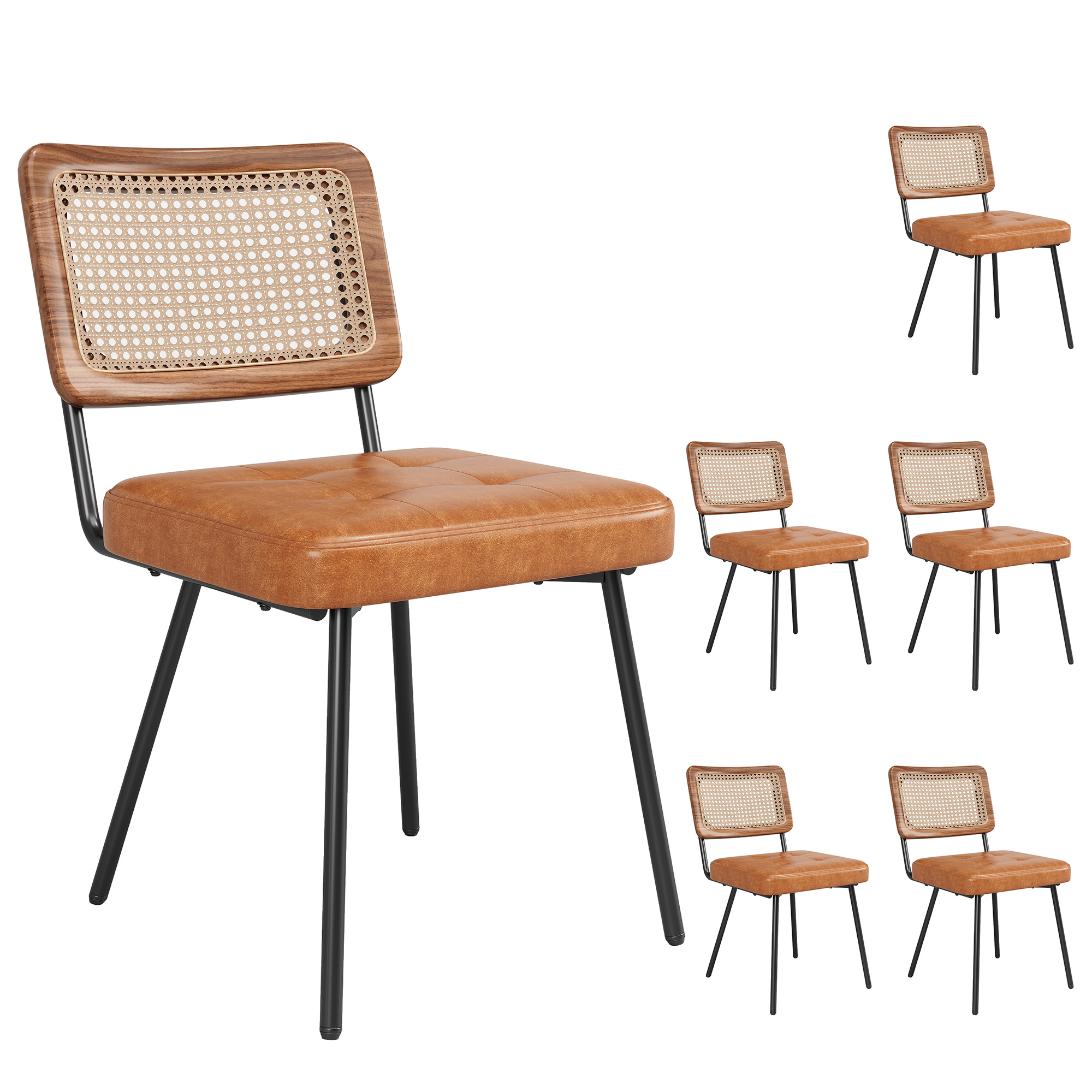 Chaise de salle à manger, lot de 6, détails en rotin, similicuir et rotin, marron - vue 3