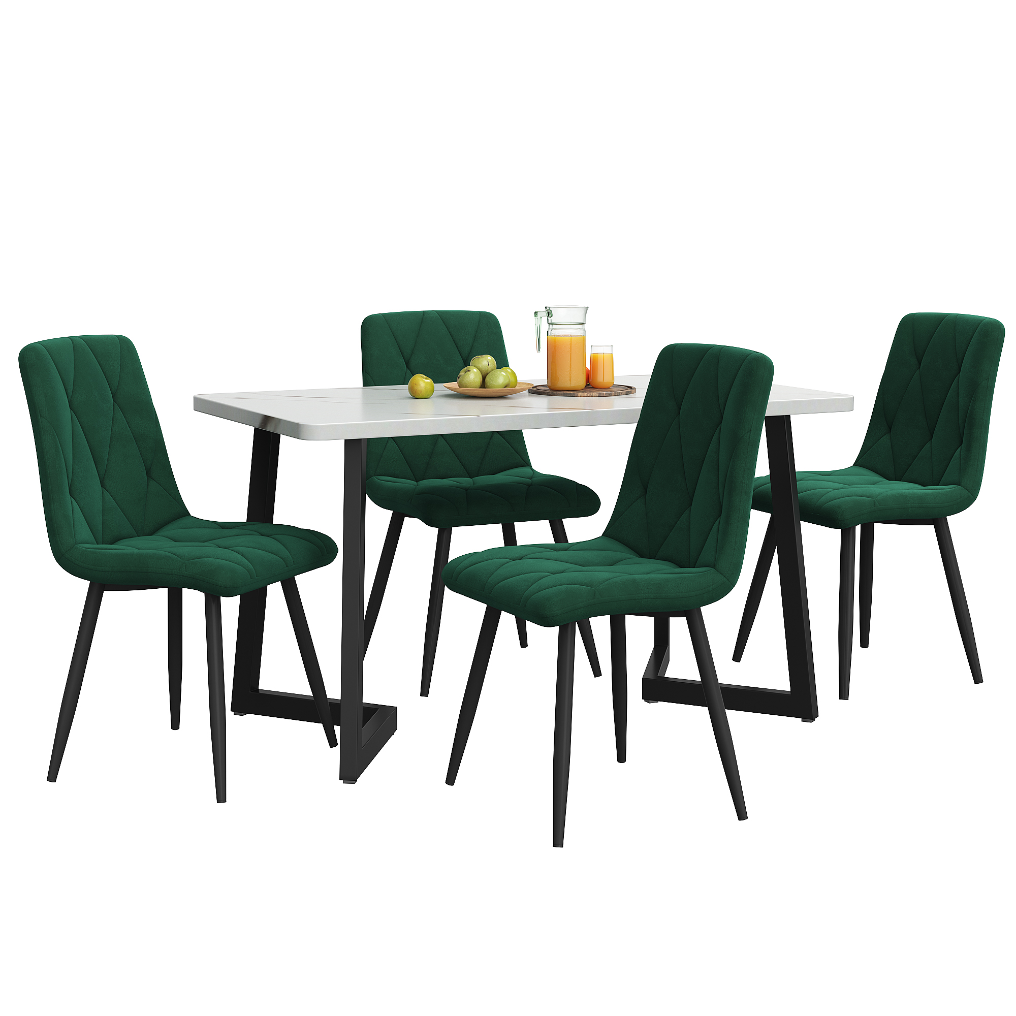 Ensemble table et chaises, 5 pièces, 1 table + 4 chaises, velours et MDF, vert foncé - vue 1