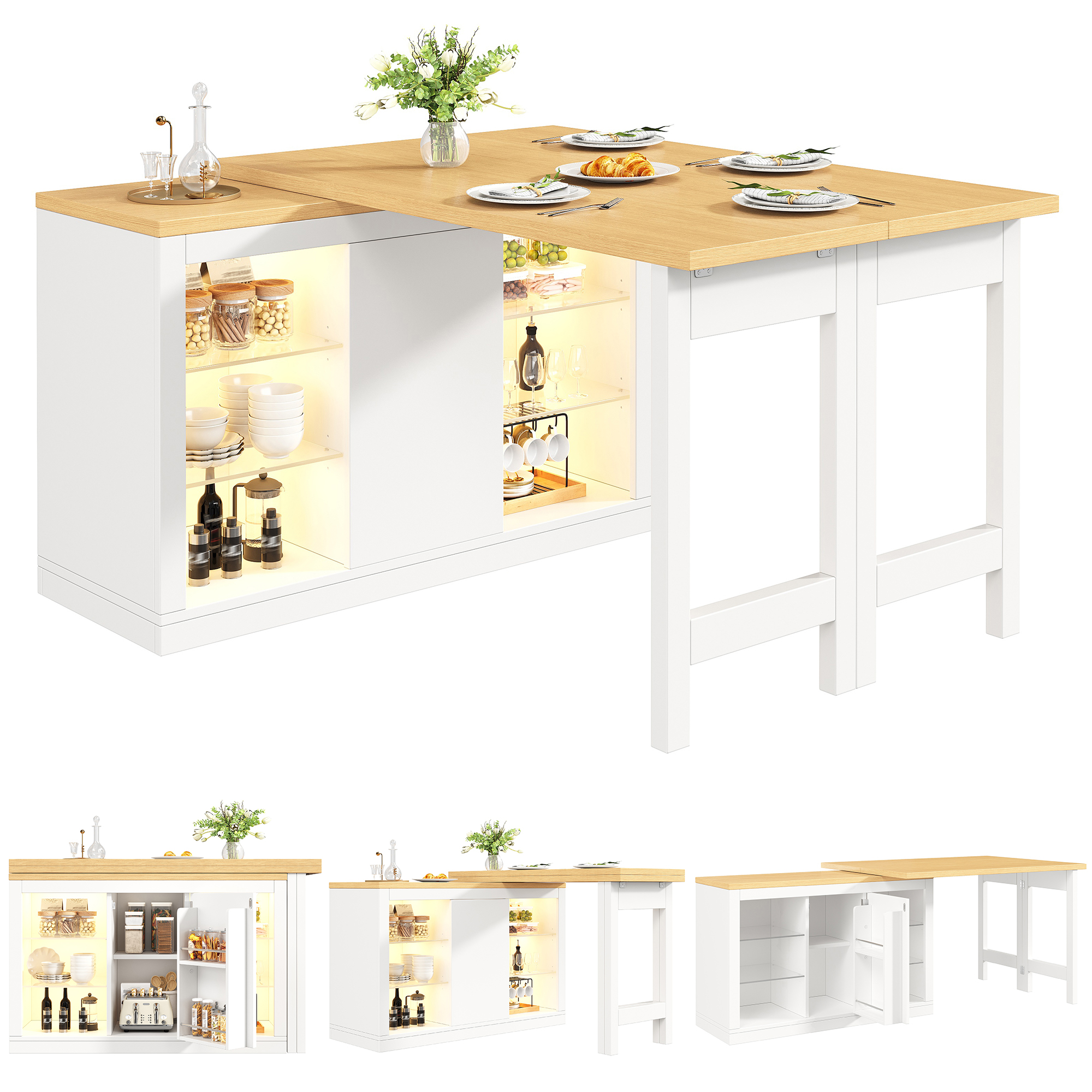 Table à manger extensible avec îlot de cuisine avec LED RVB contrôlable par application, 120-197 cm, rotative à 360°, avec portes magnétiques et étagères en verre, blanc/noir, capacité de charge