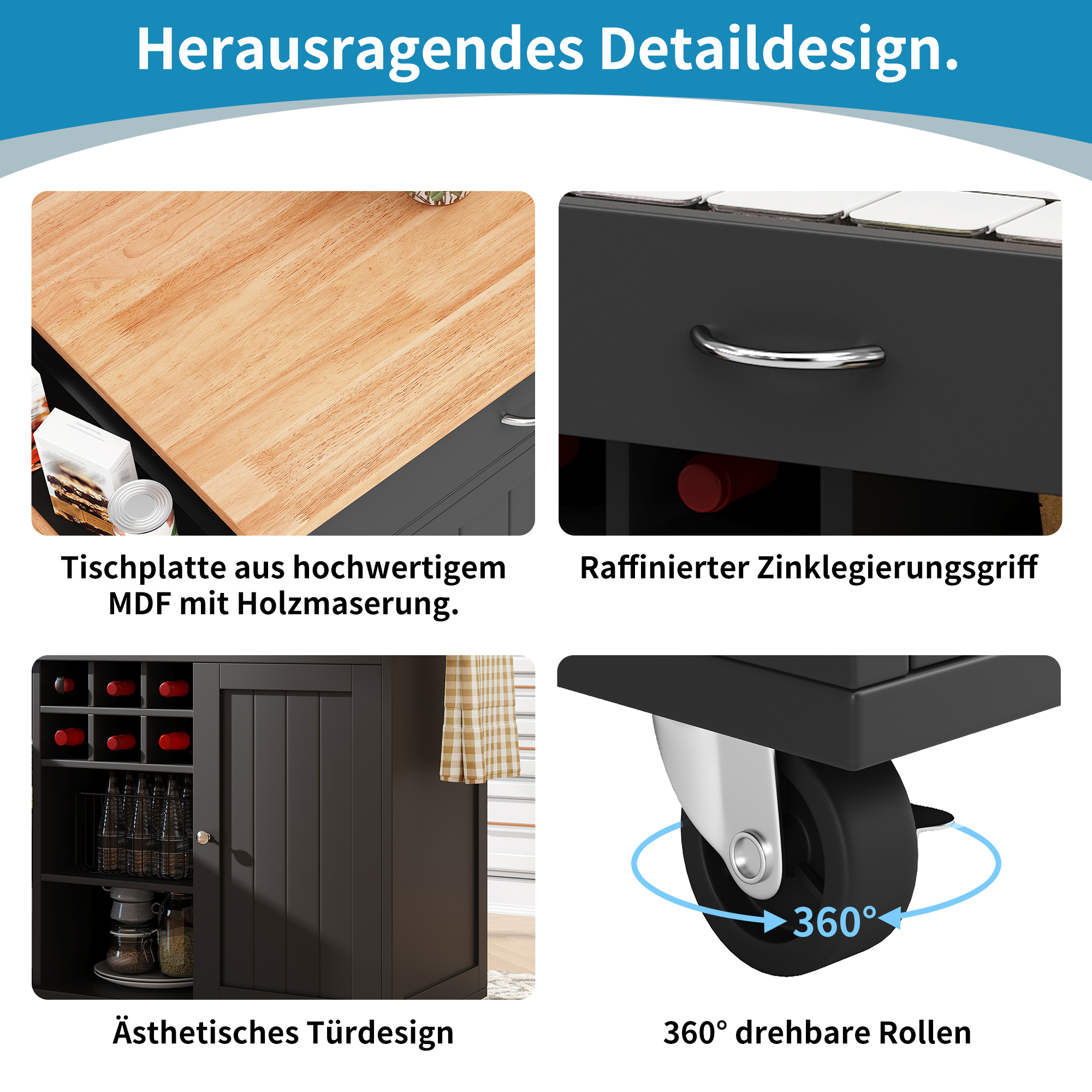 Îlot de cuisine 102×45×92 cm, plateau MDF imitation bois, poignées zinc, séparateurs réglables, pour cuisine, beaucoup de rangement, design moderne, facile entretien, style fonctionnel élégant, stabilité - image 13
