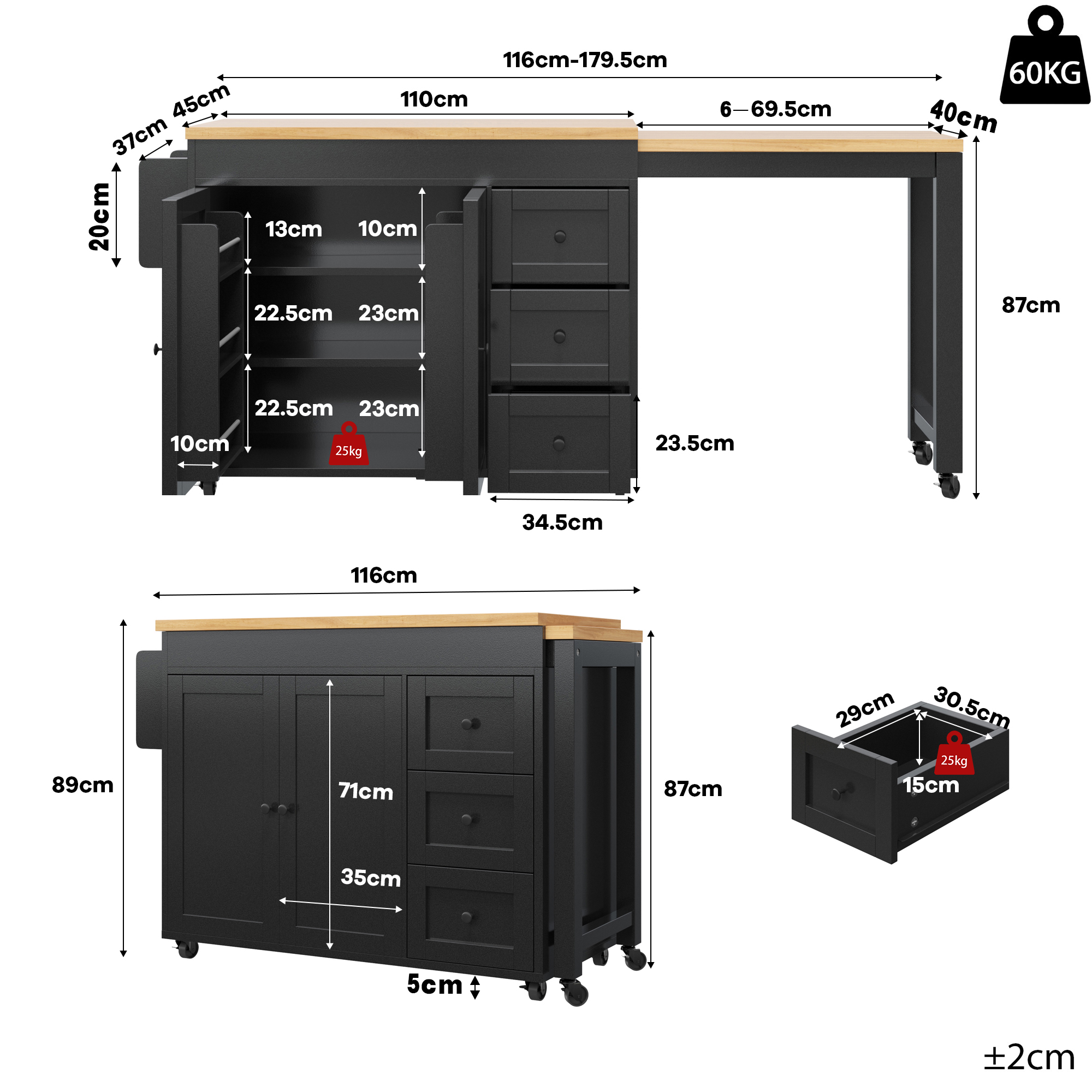 Îlot de cuisine extensible avec espace de rangement de 116 à 179, 5 cm, plateau extensible jusqu'à max. 69, 5 cm, avec 3 tiroirs, tablettes latérales et roulettes, blanc/noir, îlot de cuisine