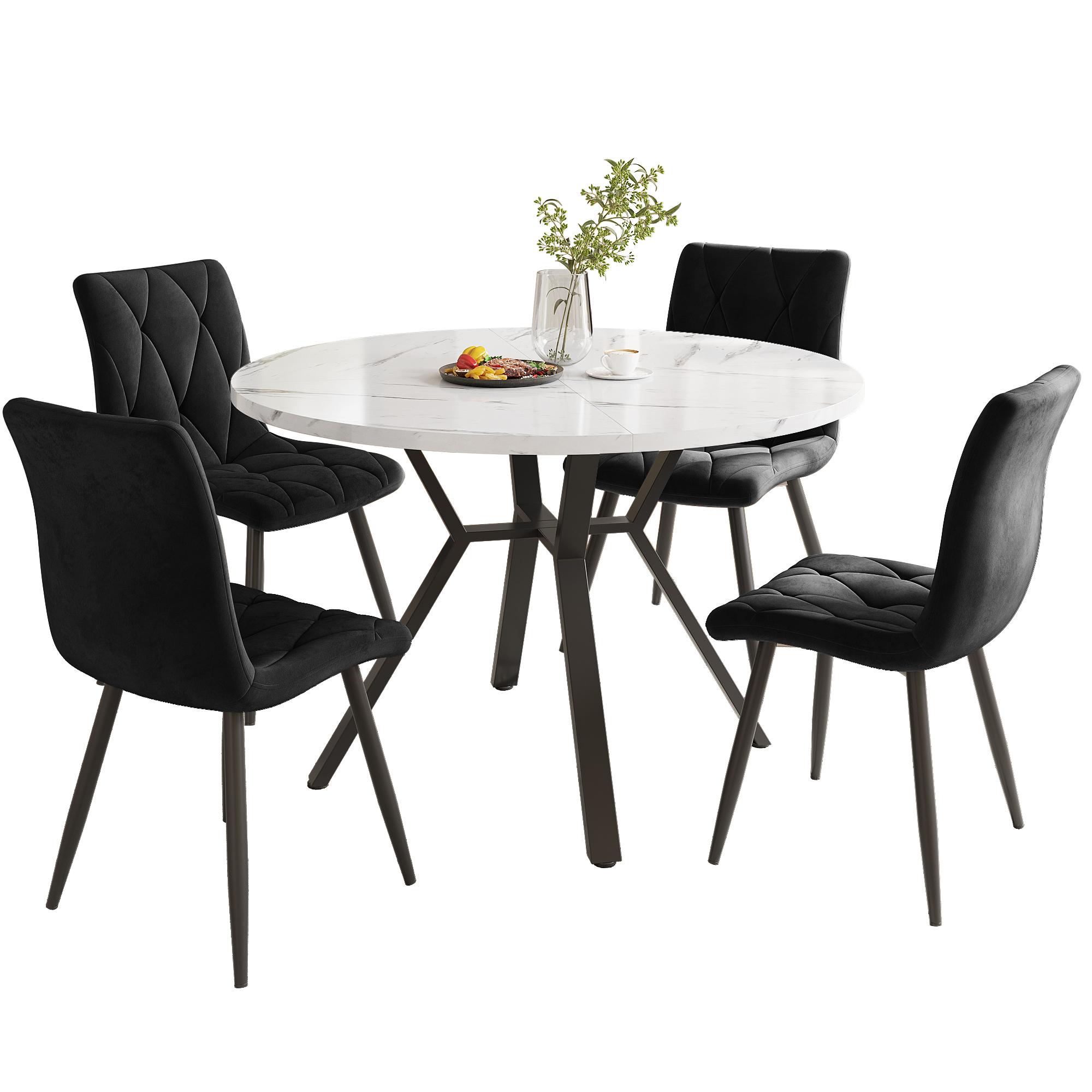 Ensemble table et chaises, 5 pièces, 1 table + 4 chaises, métal et acier, noir - vue 2