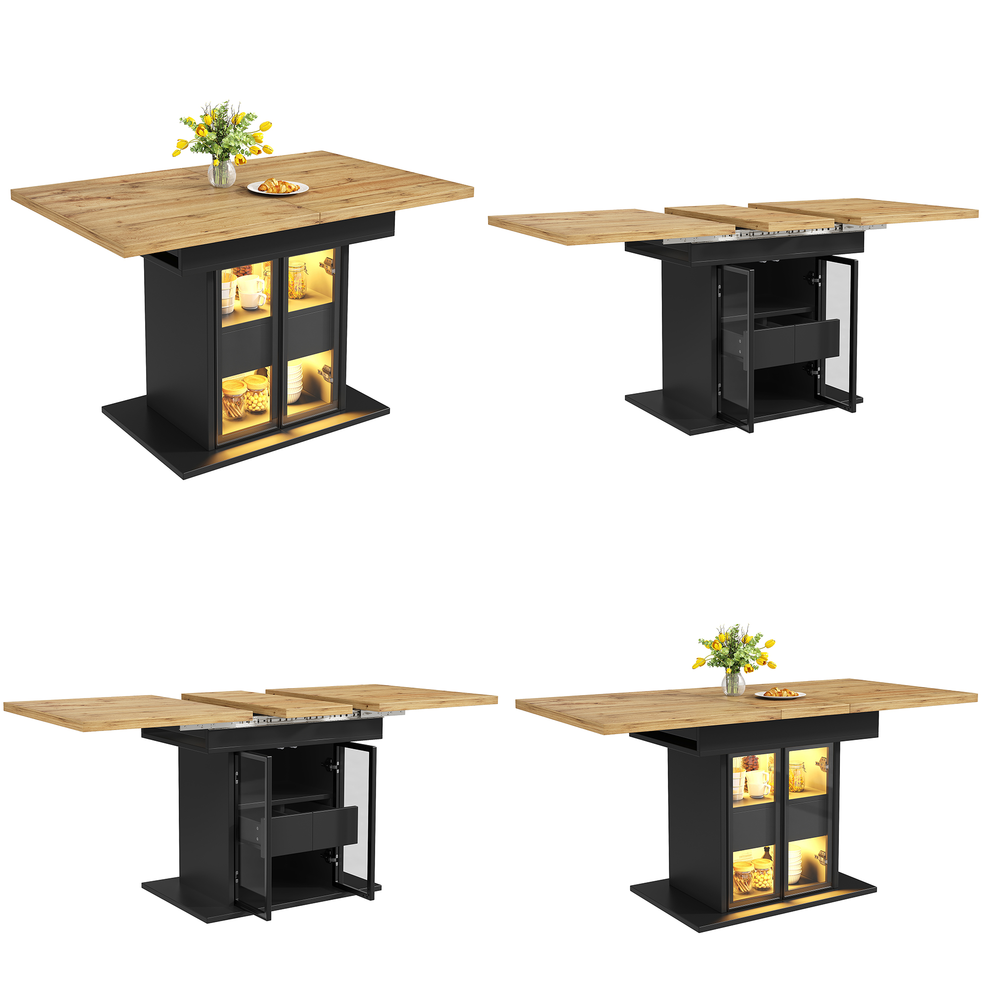 Table à manger extensible avec espace de rangement et éclairage LED RGB, 110-140 cm, portes coulissantes en verre et poignées cachées, blanc/noir, table à manger extensible, table de salle à manger
