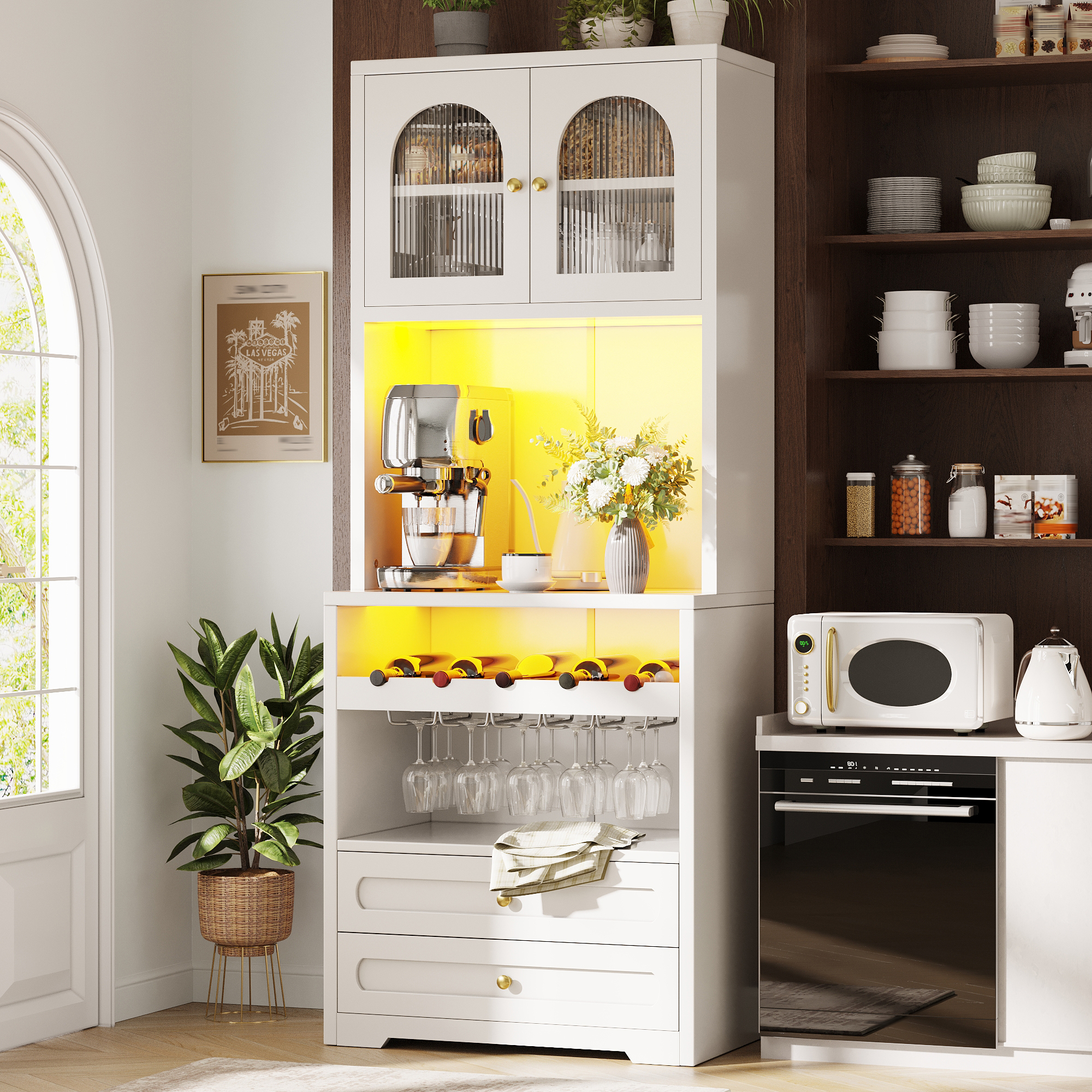 Meuble haut avec portes en verre courbées, éclairage LED via application & synchronisation musicale, étagères réglables, casier à vin, port USB, anti-basculement, pour salon & salle à manger Blanc