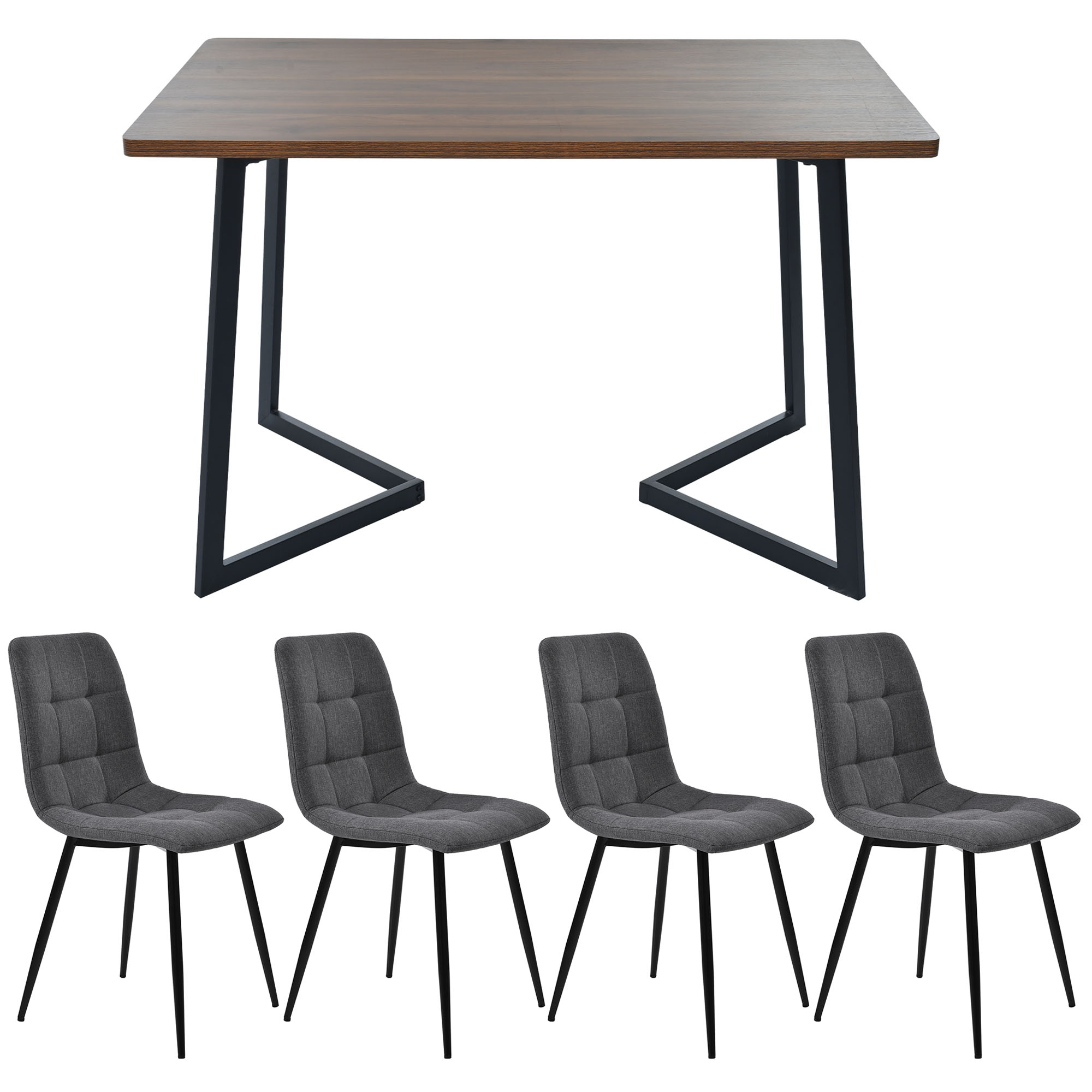 Ensemble table et chaises, 5 pièces, 1 table + 4 chaises, métal et tissu effet lin, gris foncé - vue 1