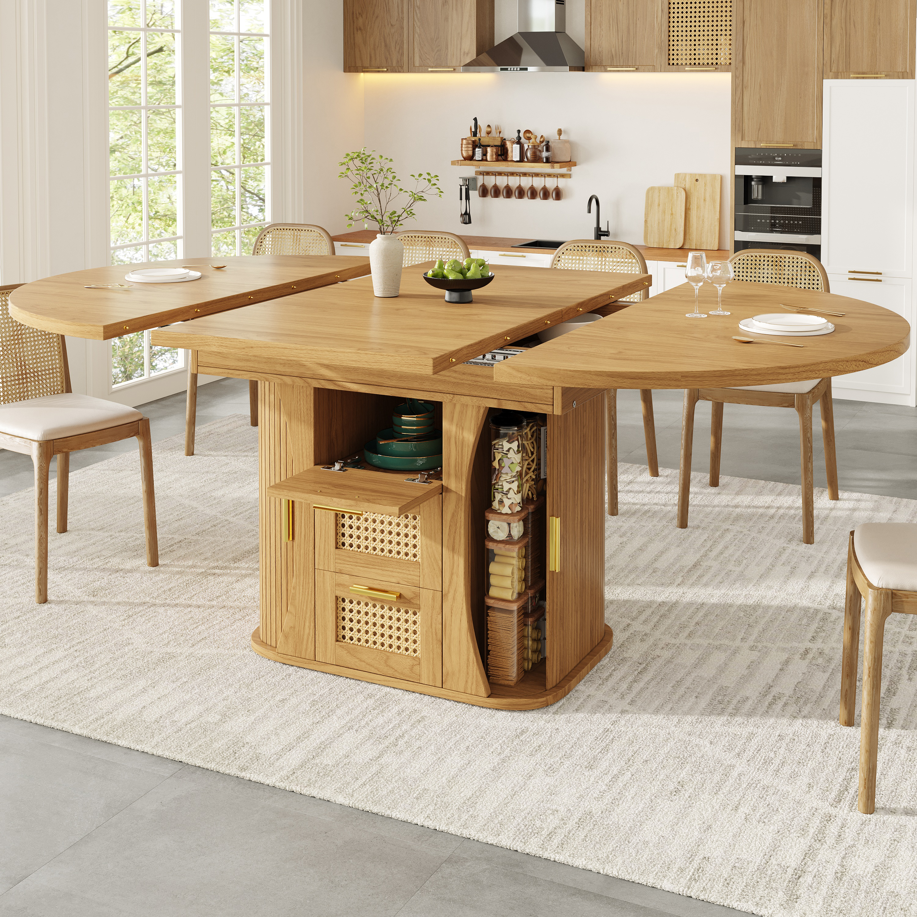 Table à manger extensible avec rangement, table 118-158 cm avec tiroirs en rotin, aspect bois MDF, noir/bois naturel/marron, table à manger extensible, table de salle à manger, mobilier de cuisine