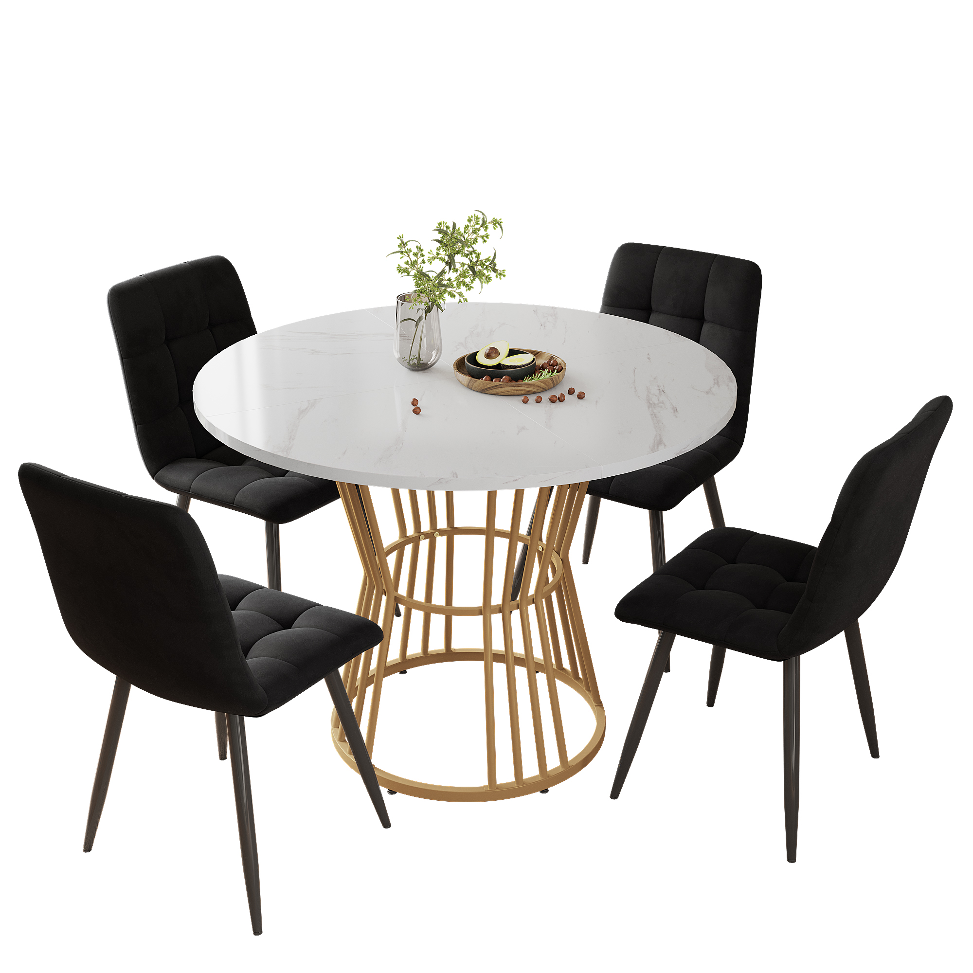 Ensemble table et chaises, 5 pièces, 1 table + 4 chaises, métal et velours, noir - vue 1