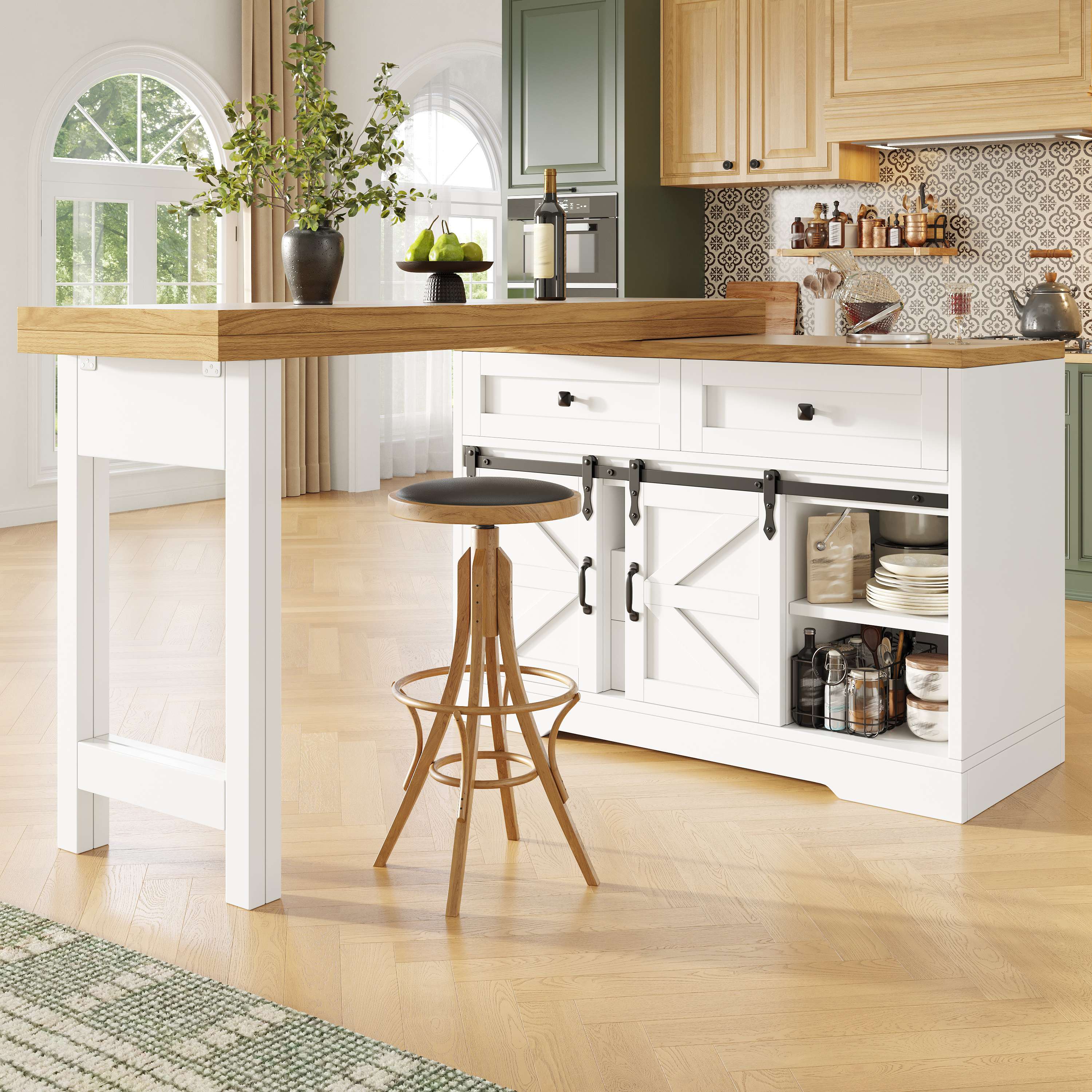 Îlot de cuisine multifonctionnel avec table à manger, armoire latérale avec tiroirs cachés, panneaux rotatifs à 360°, porte d'armoire de grange, table de salle à manger 2 en 1 pour îlot de cuisine
