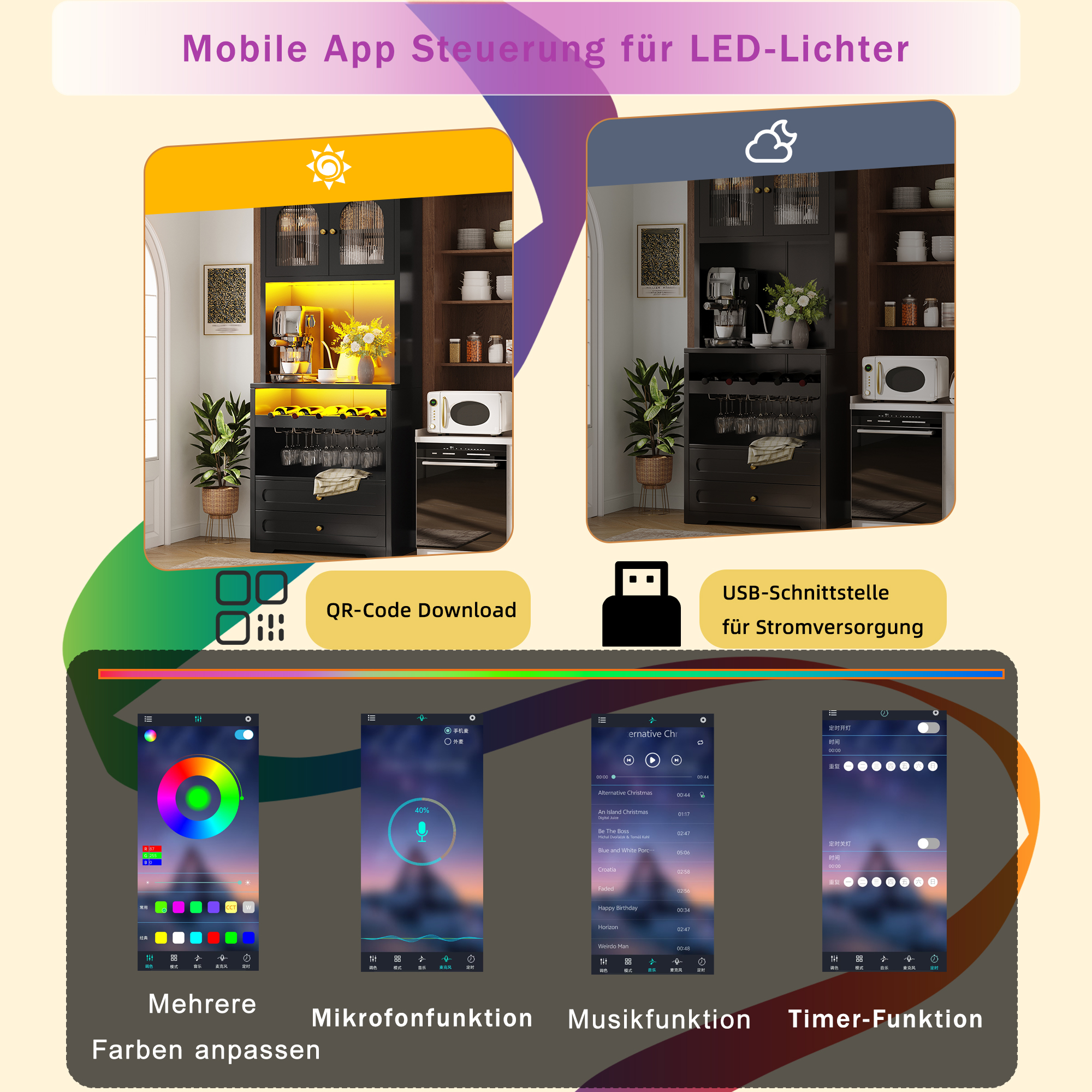 Meuble haut avec portes en verre courbées, éclairage LED via application & synchronisation musicale, étagères réglables, casier à vin, port USB, anti-basculement, pour salon & salle à manger Noir