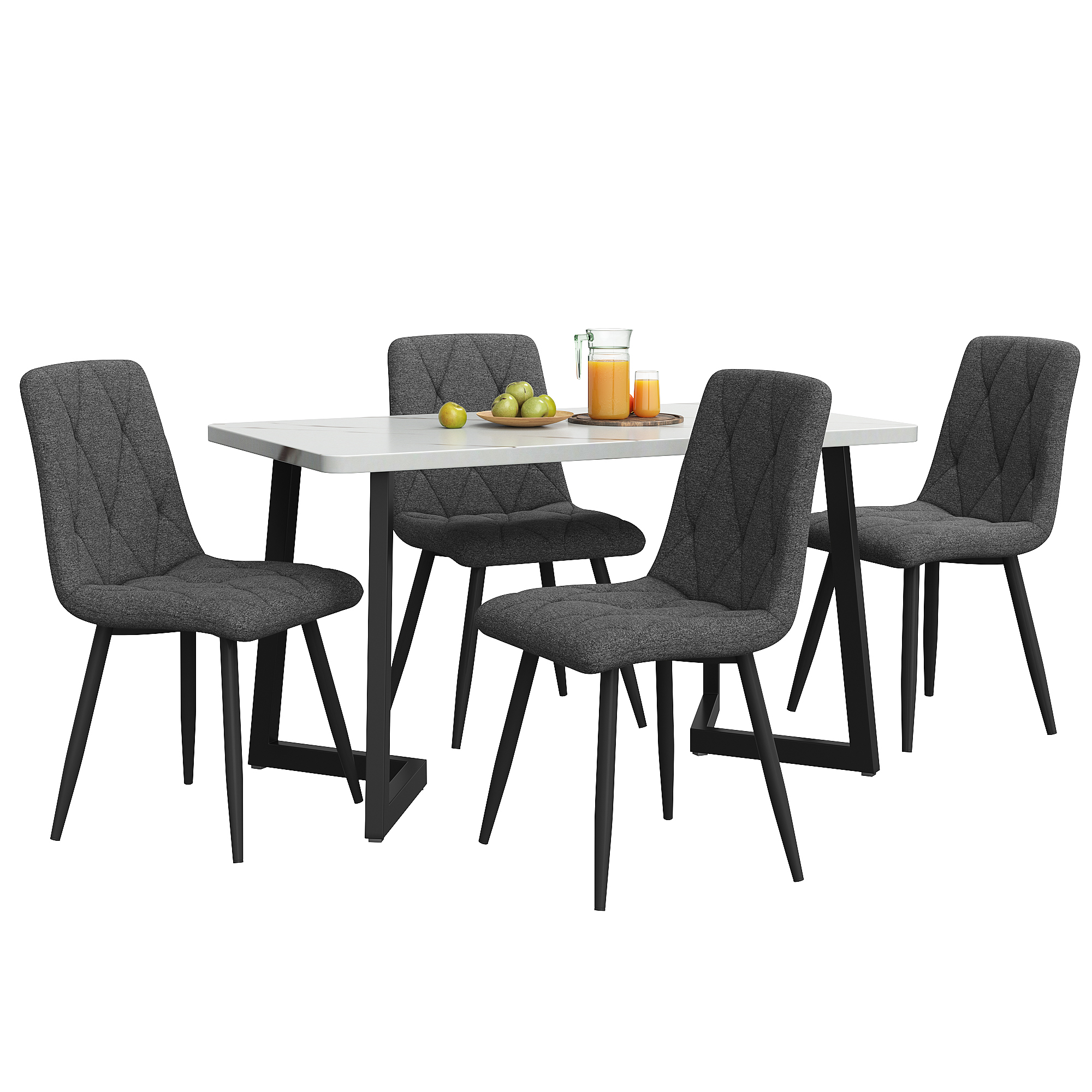 Ensemble table et chaises, 5 pièces, 1 table + 4 chaises, tissu effet lin et MDF, gris foncé - vue 2