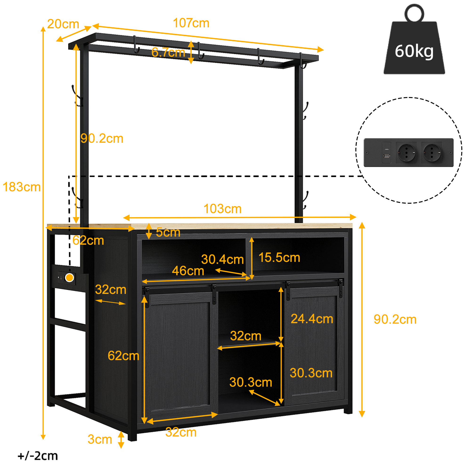 Ensemble d'îlot de cuisine avec 2 tabourets, armoire de cuisine avec prise électrique et tabourets de bar assortis, aspect bois/noir, pour cuisine et salle à manger, îlot de cuisine