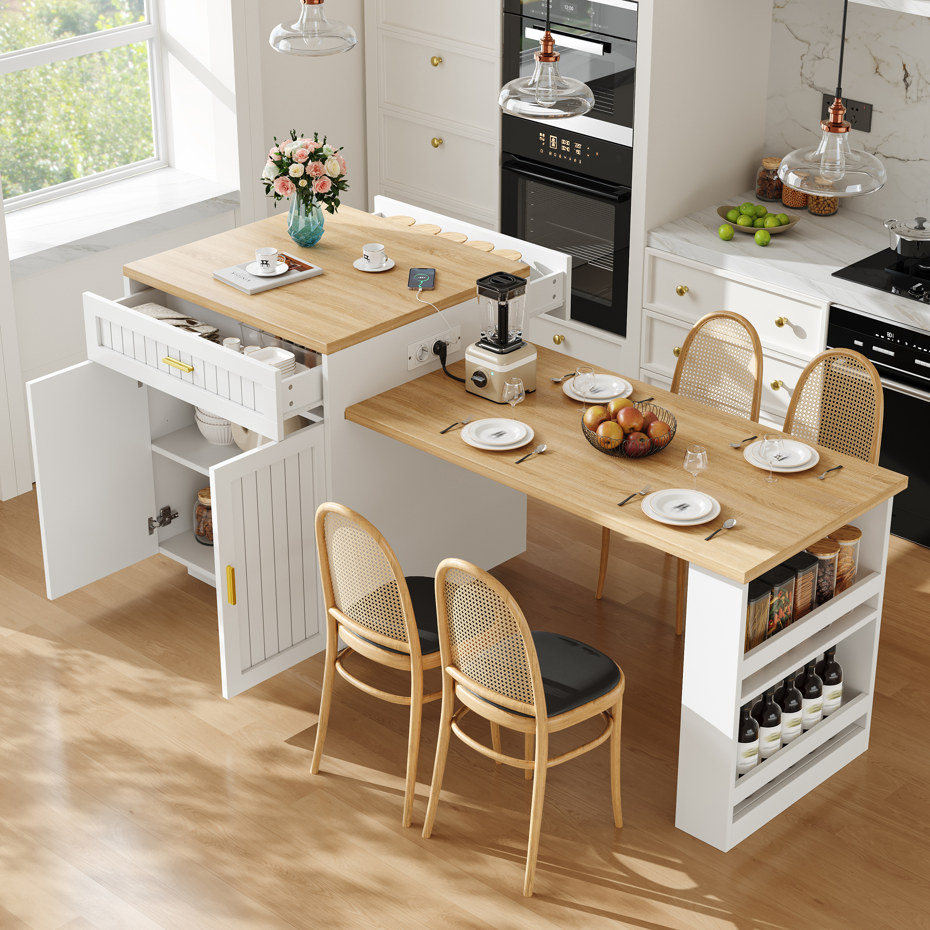 Îlot de cuisine extensible avec prise intégrée 121, 5–192 cm, portes verticales nervurées, 1 tiroir et étagères, blanc, îlot de cuisine, meuble de rangement, cuisine et salle à manger