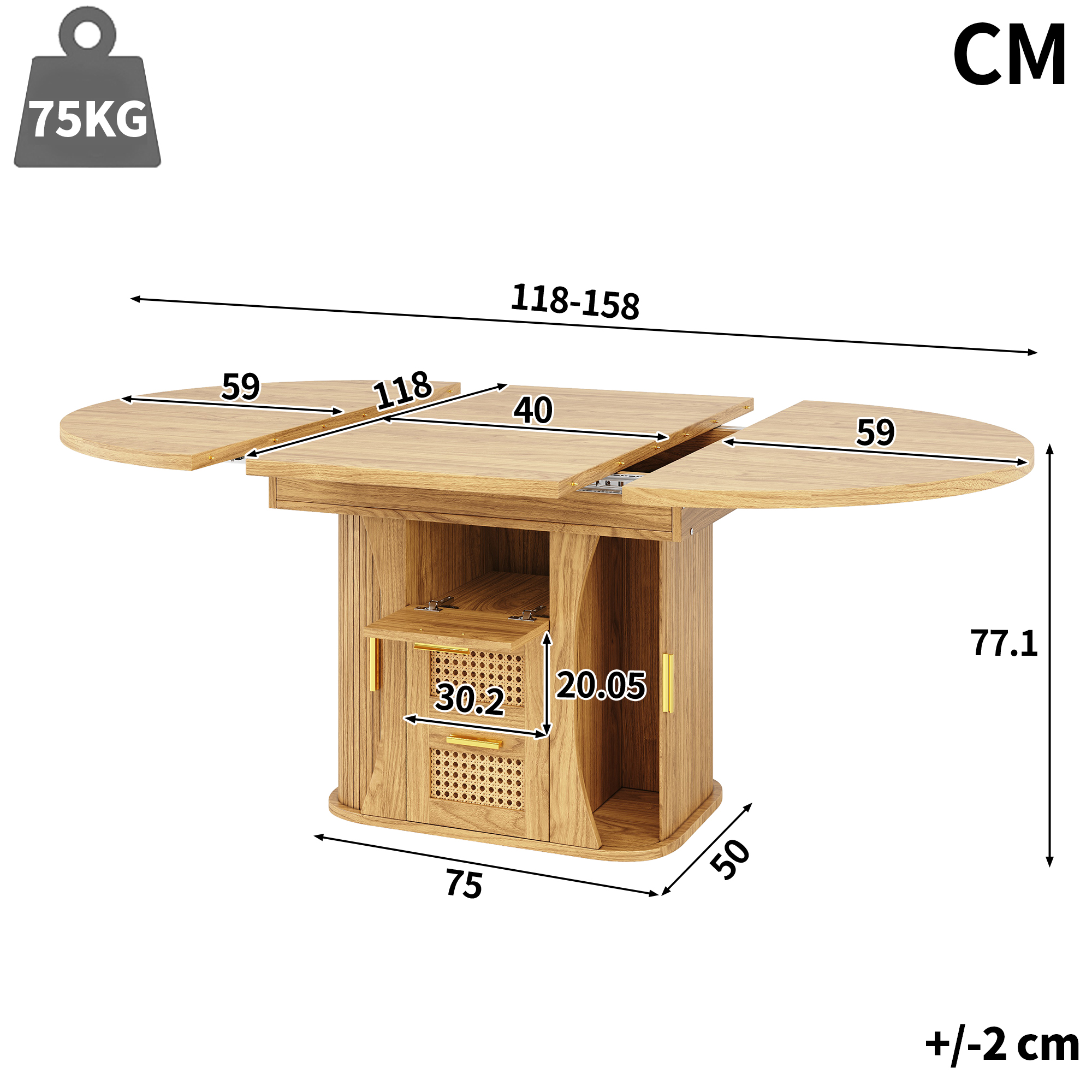 Dimensions table à manger extensible bois naturel